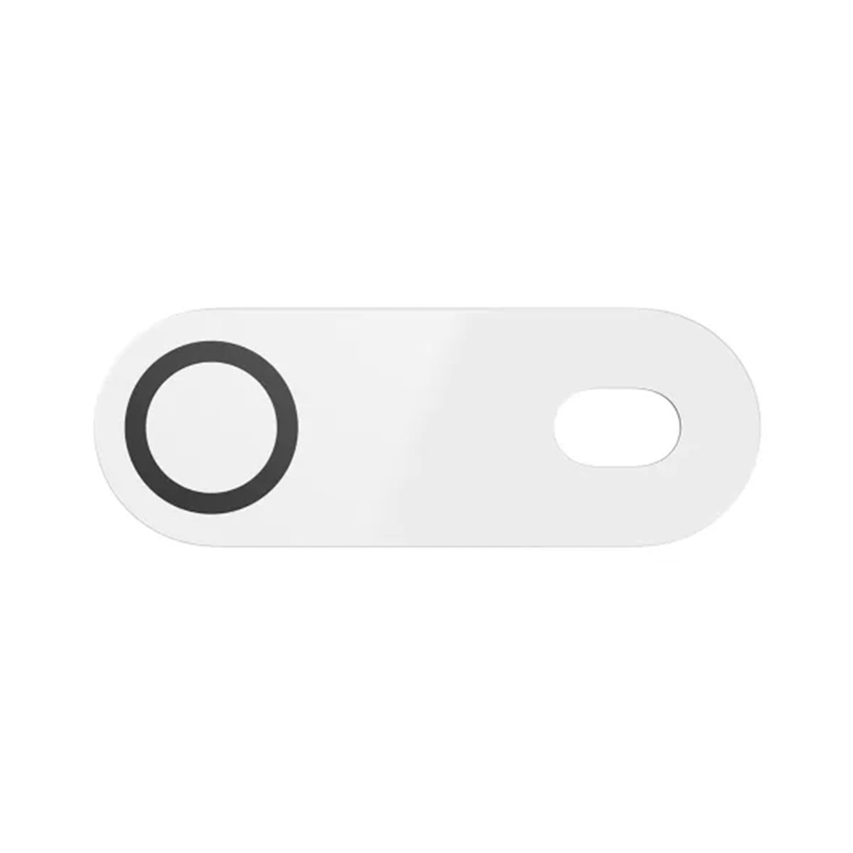 Dispositivo oblungo bianco con un cerchio bordato di nero a un'estremità e un piccolo ritaglio ovale all'altra.