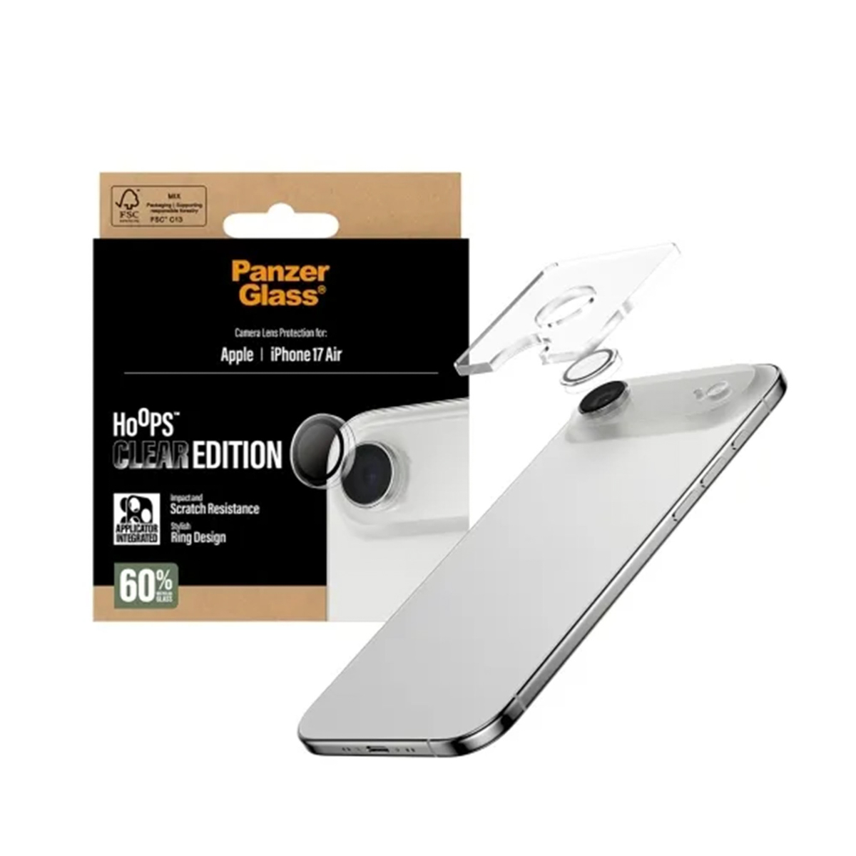Een transparante iPhone lensbeschermer naast een iPhone. Verpakking links toont tekst: Panzer Glass, HOOPS CLEAR EDITION.
