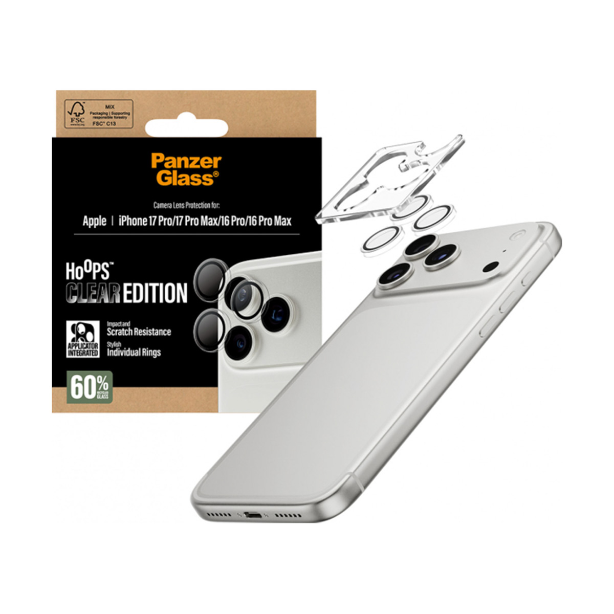 Bir iPhone ve kamera lens koruyucusu. Ambalajda Panzer Glass ve Hoops Clear Edition yazıyor.