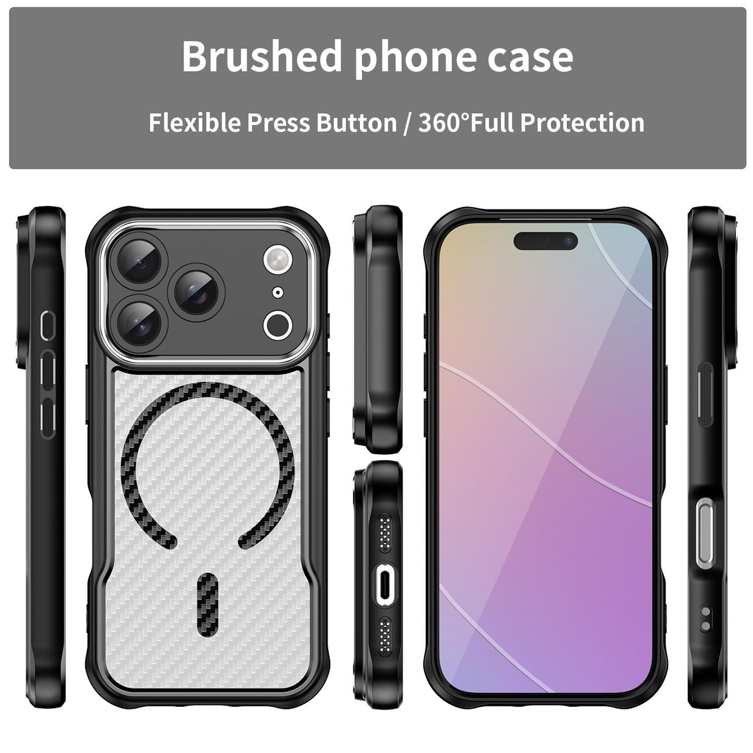Schwarze Handyhülle mit gebürsteter Oberfläche. Zeigt Vorder-, Seiten- und Rückansicht. Merkmale sind ein Kameraausschnitt und ein MagSafe-Design.