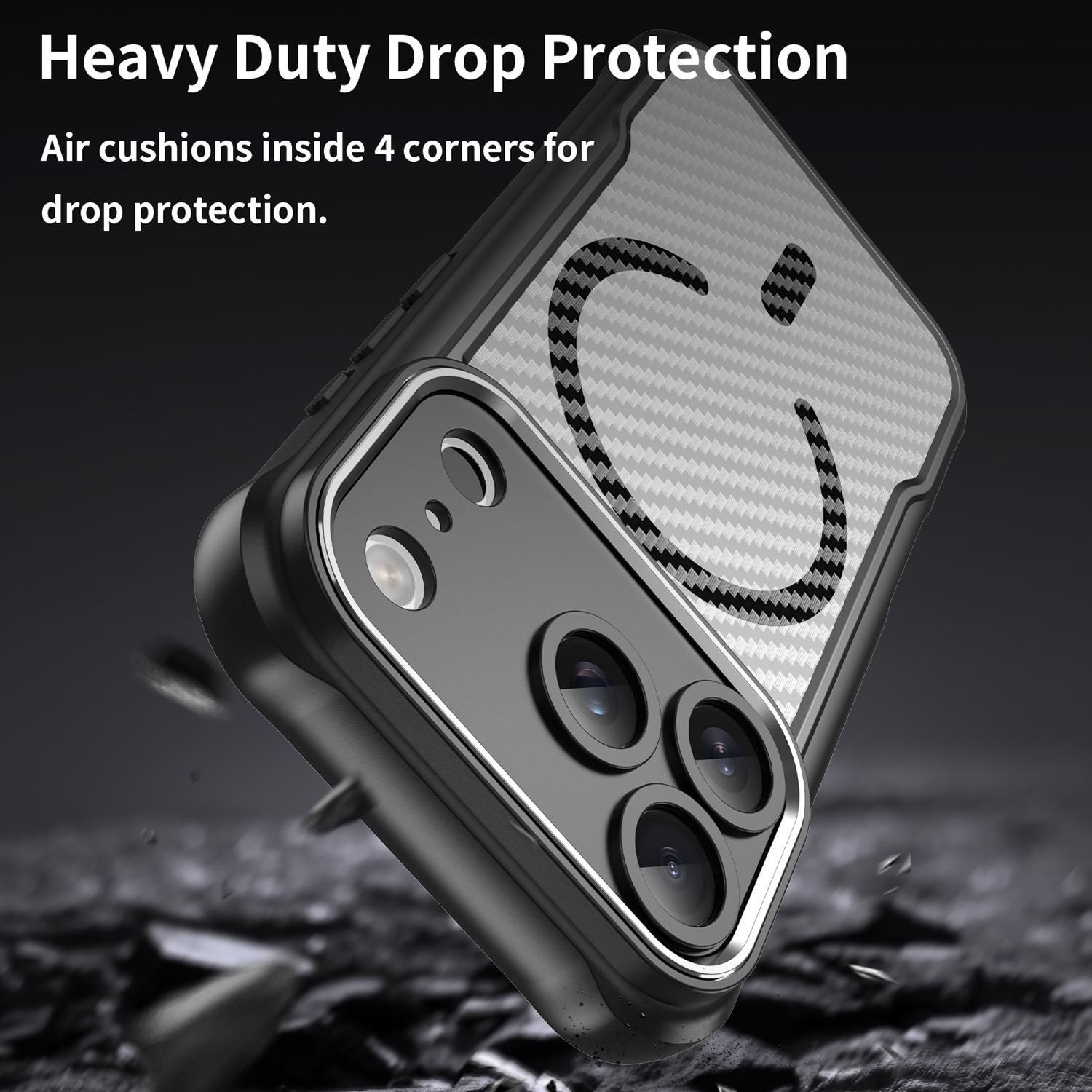 Eine schwarze Handyhülle mit Smiley-Design, die Fallschutz demonstriert. Sie befindet sich auf einem dunklen Hintergrund mit zerbrochenen Teilen.