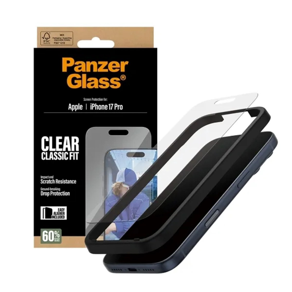 Un étui de téléphone avec protecteur d'écran et son emballage. L'emballage est noir, avec le logo Panzer Glass, et le téléphone est noir.