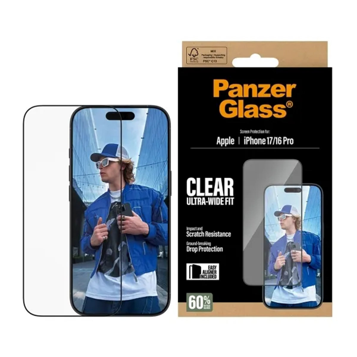 Mavi ceket ve güneş gözlüğü takan bir adam ve bir telefon ile Panzer Glass ekran koruyucu kutusu.