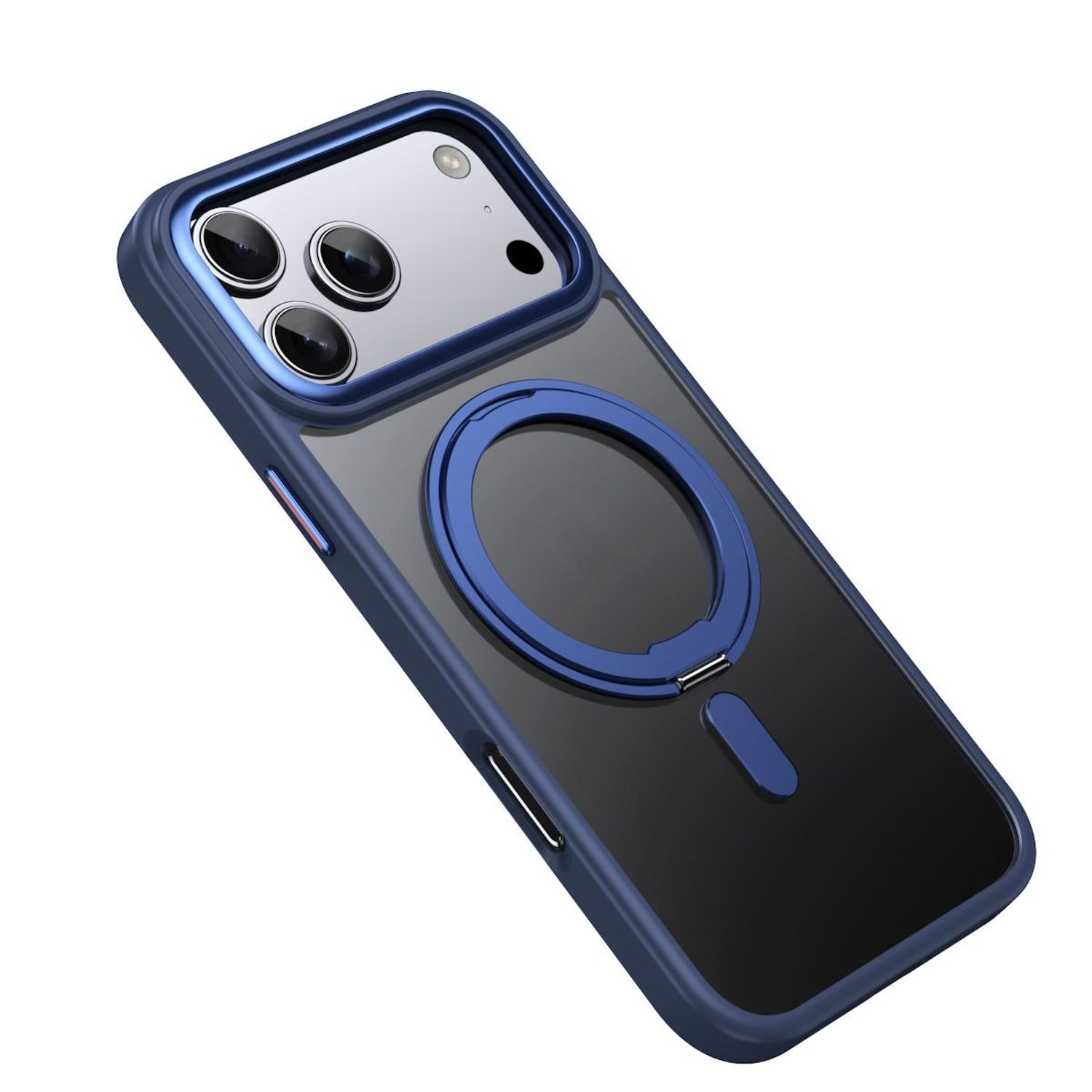 Eine blau-transparente Handyhülle. Sie hat einen Ring zum magnetischen Laden und einen Rahmen um die Kameralinsen.