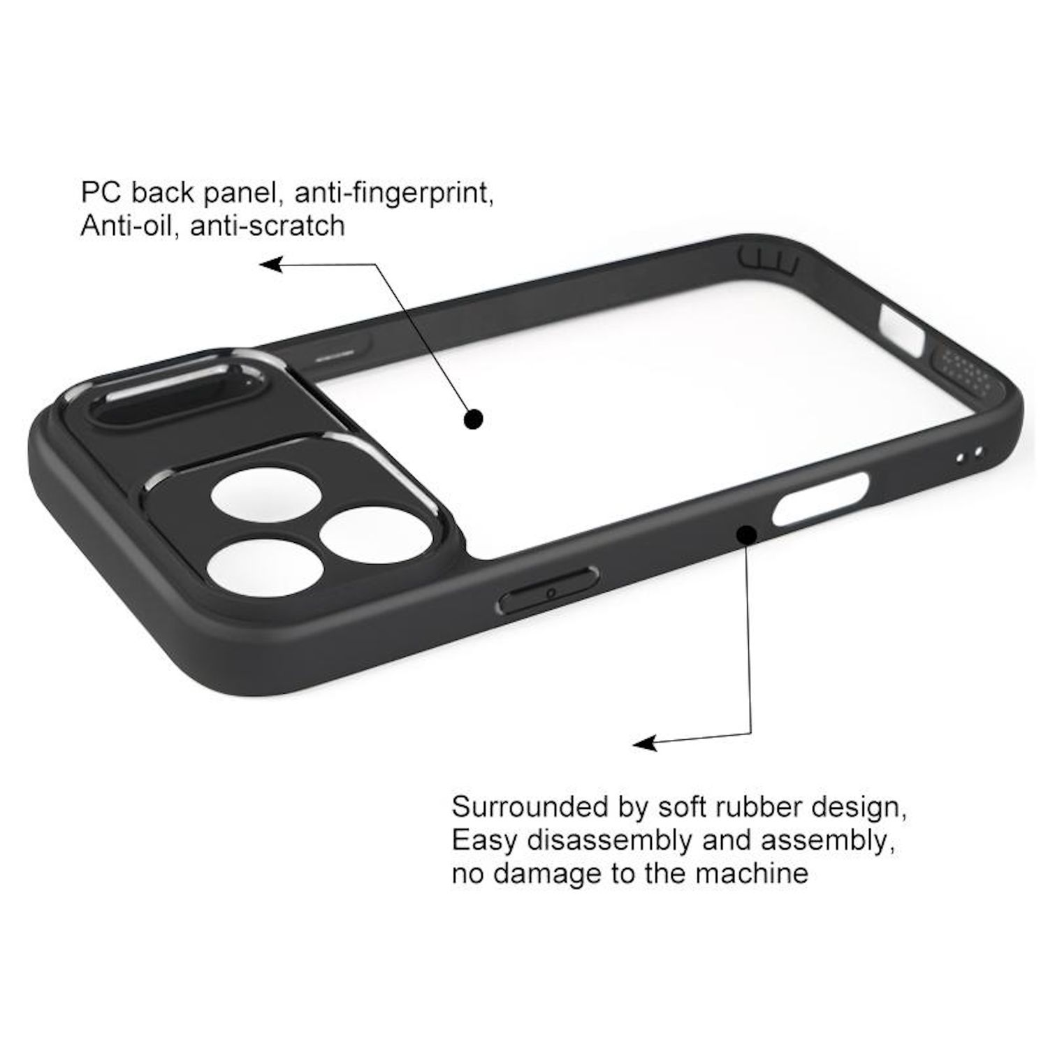 Schwarze Handyhülle mit Aussparungen für Kamera und Tasten. Text deutet auf Anti-Fingerabdruck, Anti-Öl und einfache Montage hin.