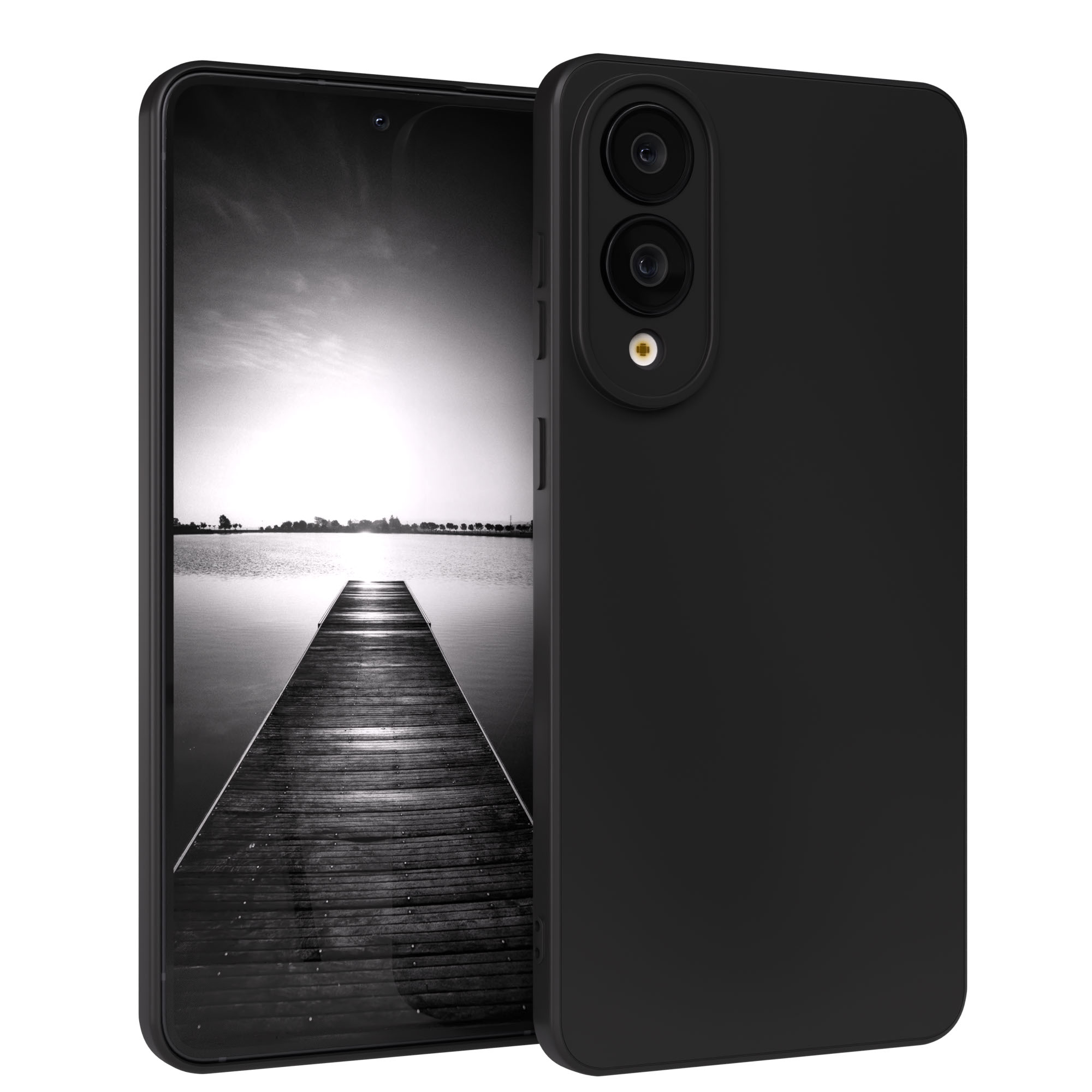 Schwarzes Telefon mit Graustufenbild eines Piers über einem See. Handyhülle rechts.