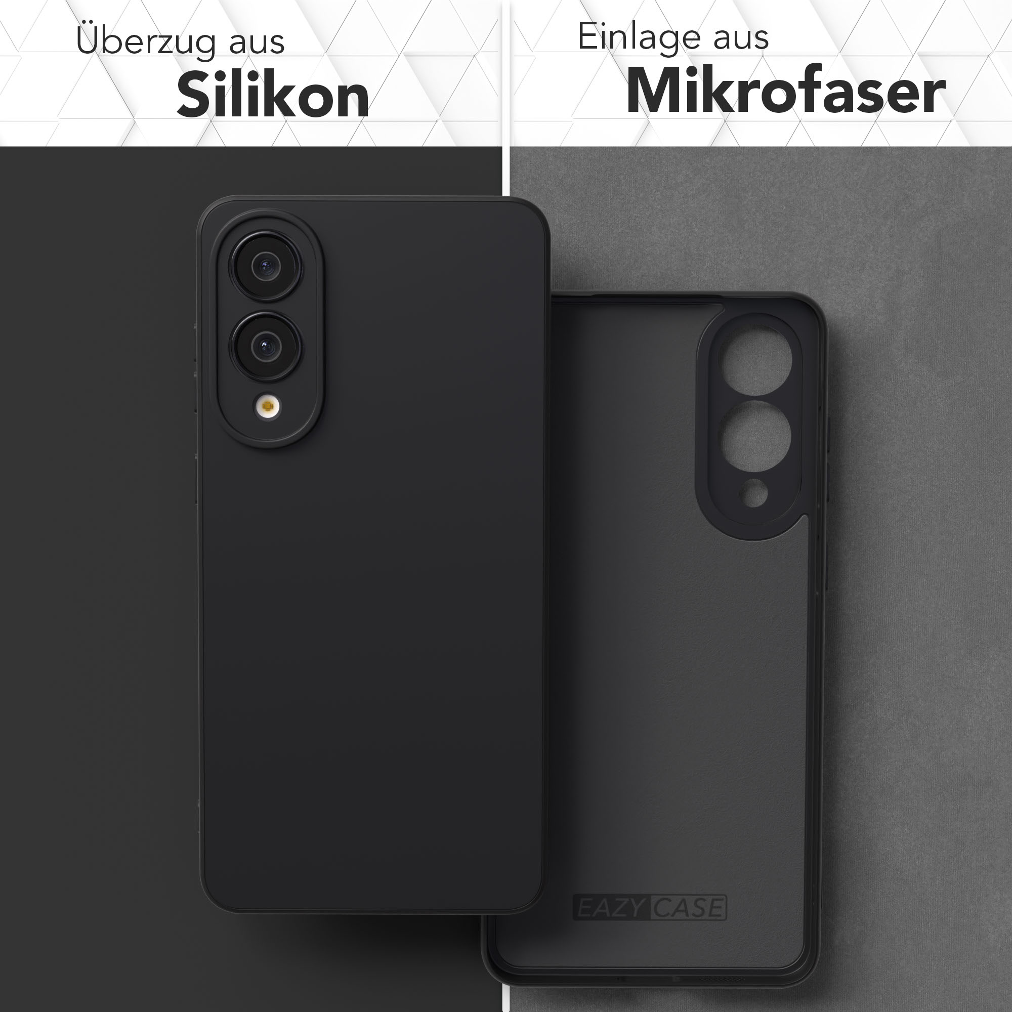Schwarze Handyhülle mit Telefon, geteilt in zwei Teile. Eine Seite sagt 'Silikon', die andere 'Mikrofaser'.