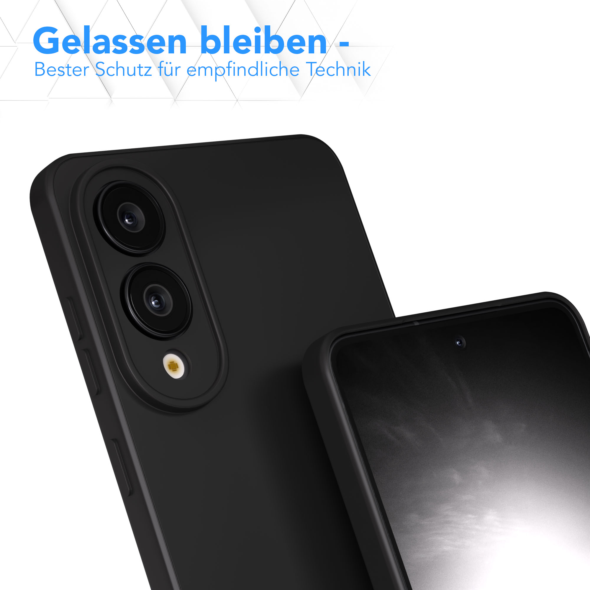 Ein schwarzes Smartphone mit zwei Kameralinsen ist abgebildet, mit einem zweiten Telefon im Hintergrund. Oben steht 'Entspannt bleiben'.