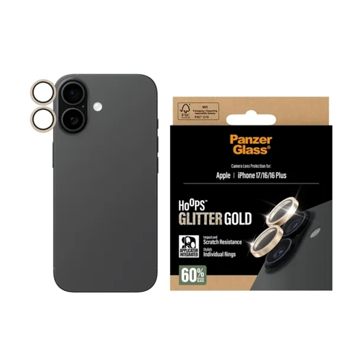 Een iPhone met cameralensbeschermers. Rechts is een Panzer Glass doos. De beschermers zijn goudkleurig.