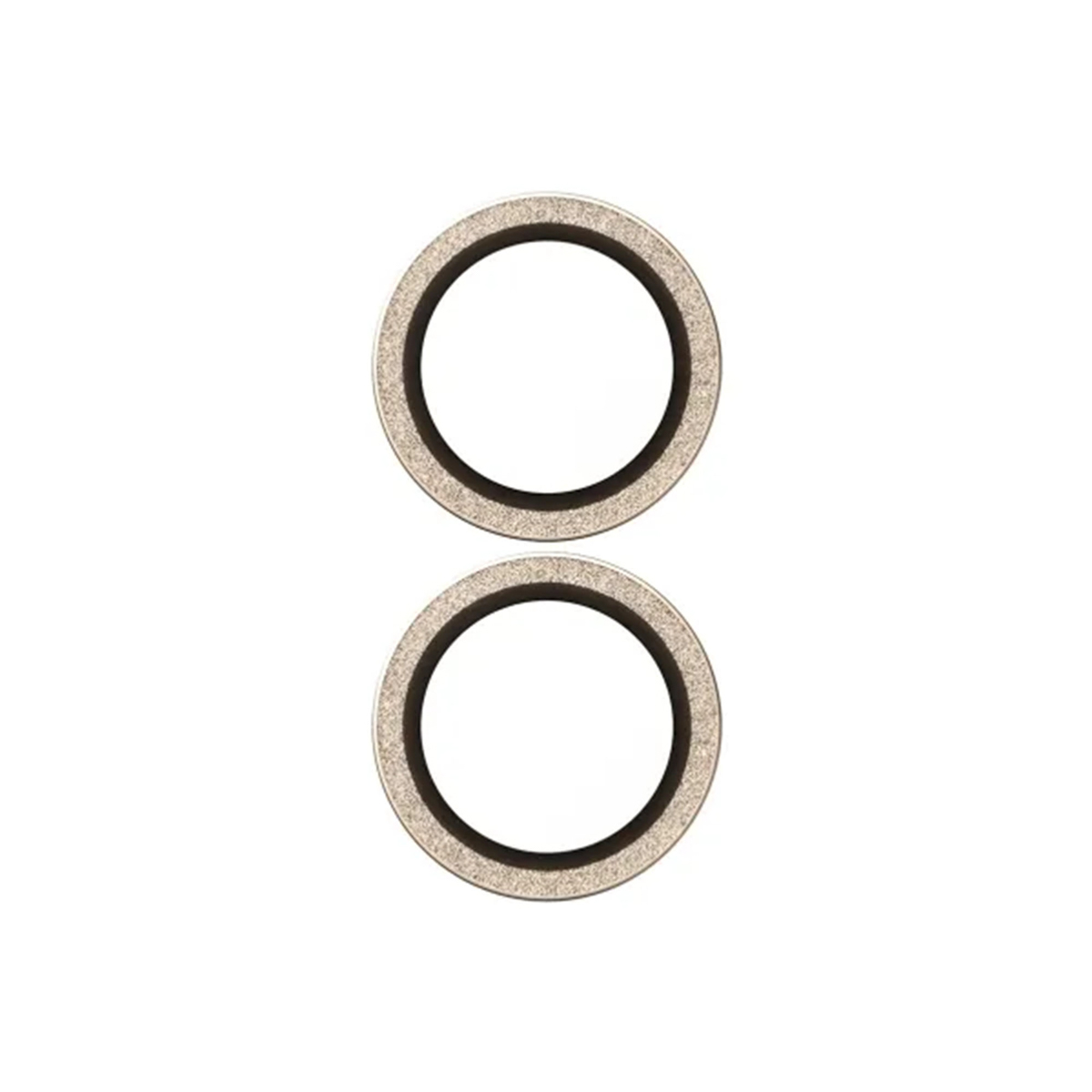 Twee verticaal gestapelde cirkelvormige metalen ringen. Elke ring heeft een donker midden en een lichtere, getextureerde buitenband.