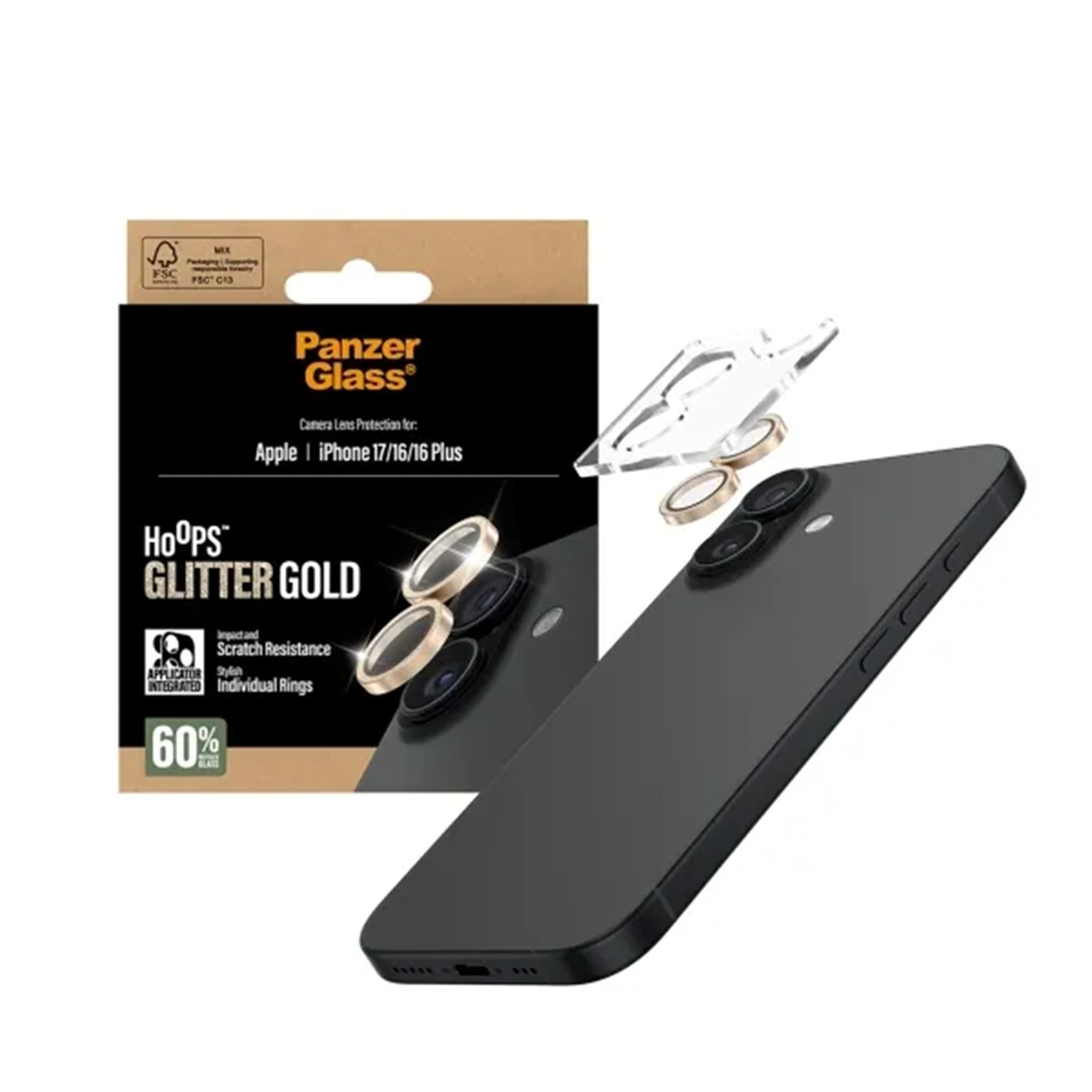 Zwarte iPhone met gouden glitter lensbeschermer en verpakking. Tekst bevat 'Panzer Glass' en 'HOOPS Glitter Gold'.