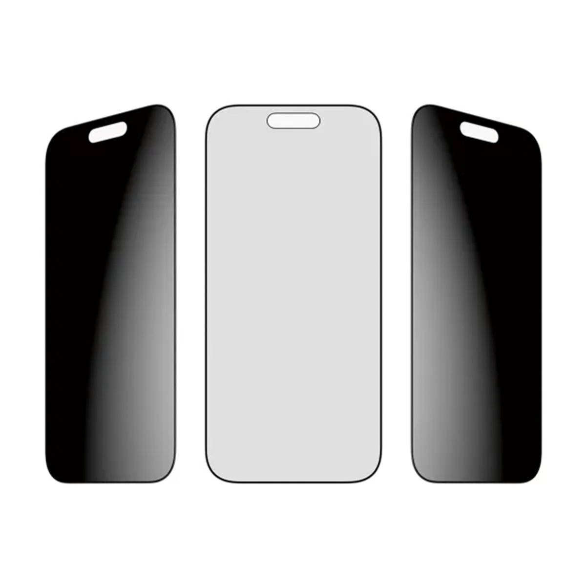 Trois protecteurs d'écran de téléphone. Un gris clair au centre, deux noirs sur les côtés. Tous ont des découpes pour haut-parleurs.