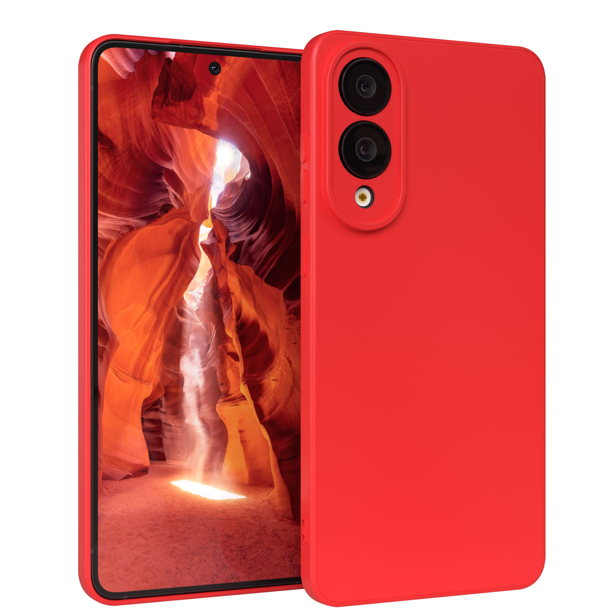 Ein rotes Smartphone mit Hülle. Der Bildschirm zeigt eine Canyon-Landschaft. Zwei Kameras und ein Blitz sind sichtbar.