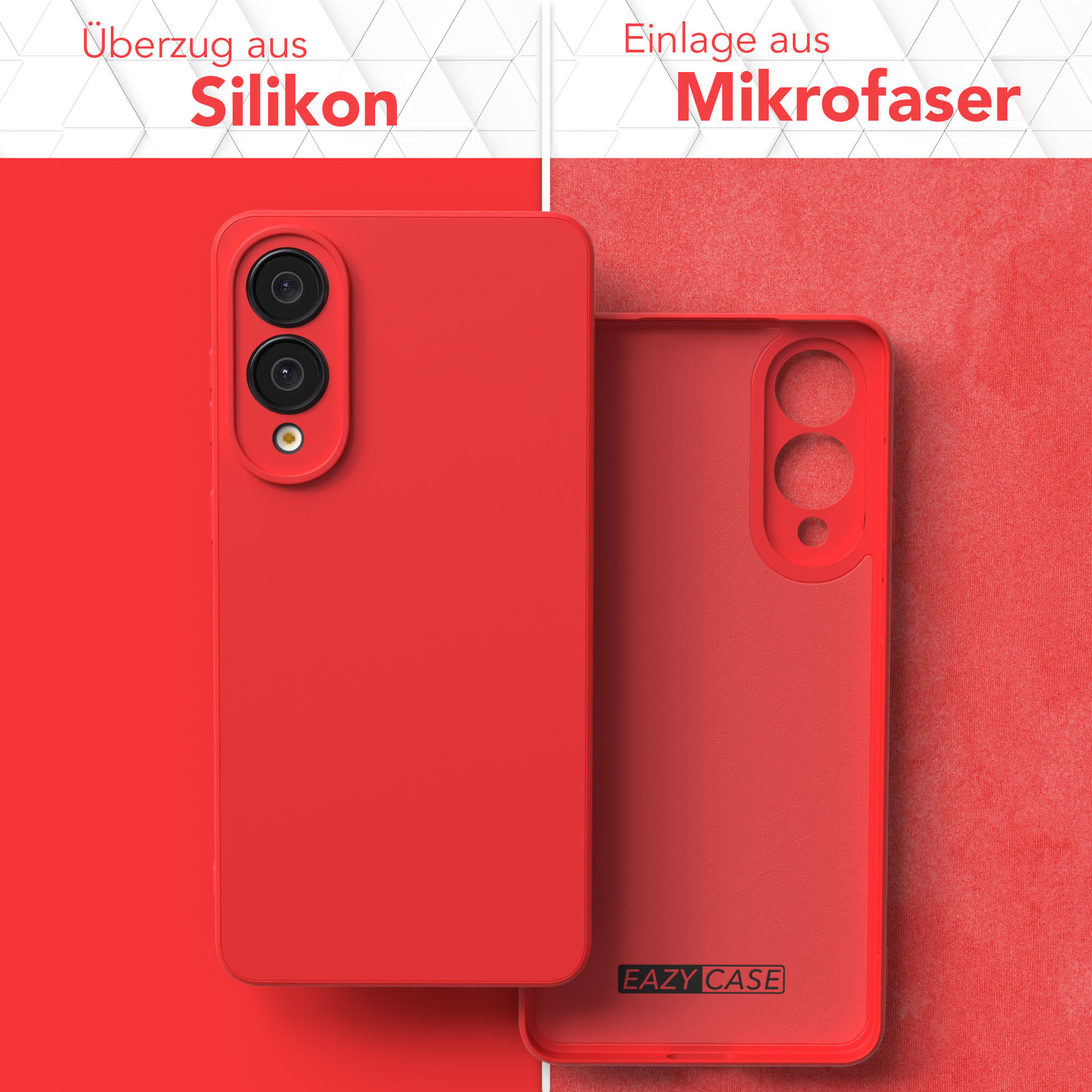 Rote Handyhülle mit zwei Kameras und einer transparenten Hülle. Der Hintergrund hat Text und eine strukturierte Oberfläche.