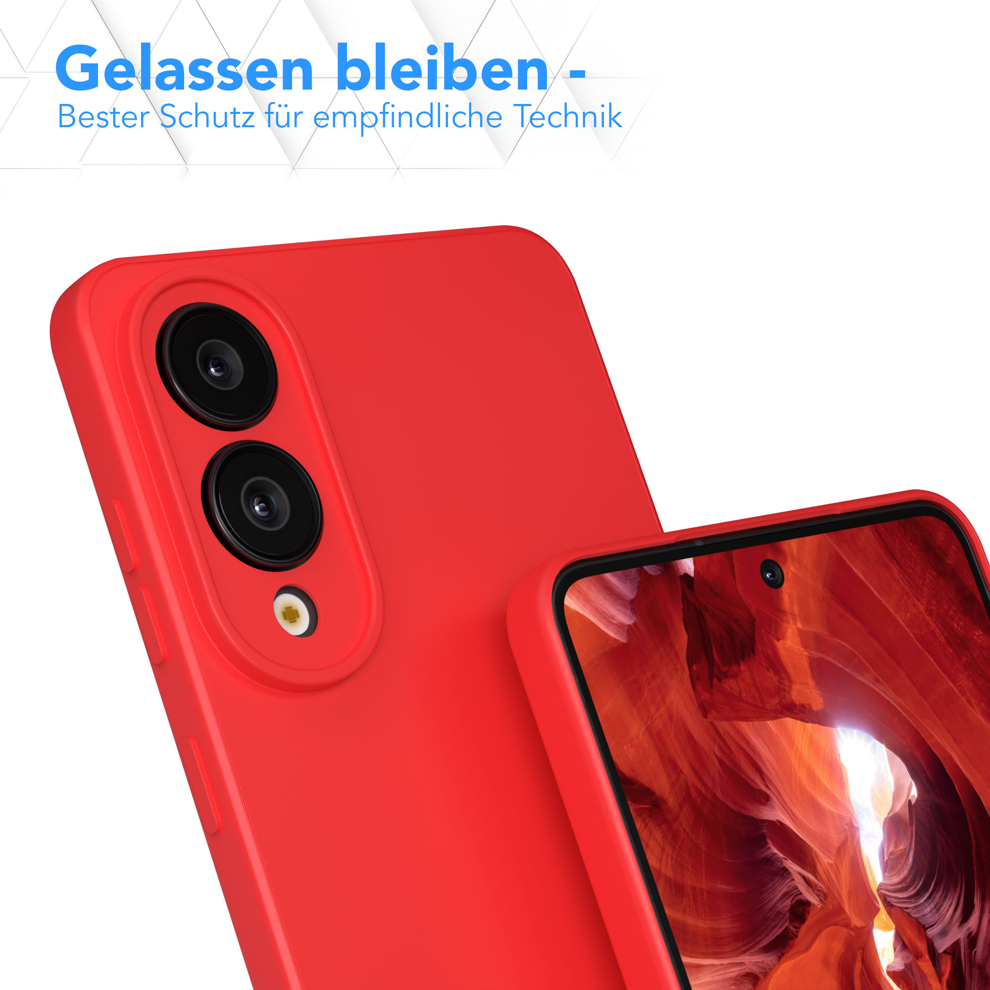 Eine rote Handyhülle mit zwei Kameralinsen. Auf der rechten Seite befindet sich ein Telefon mit einem Canyon-Bild auf dem Bildschirm.