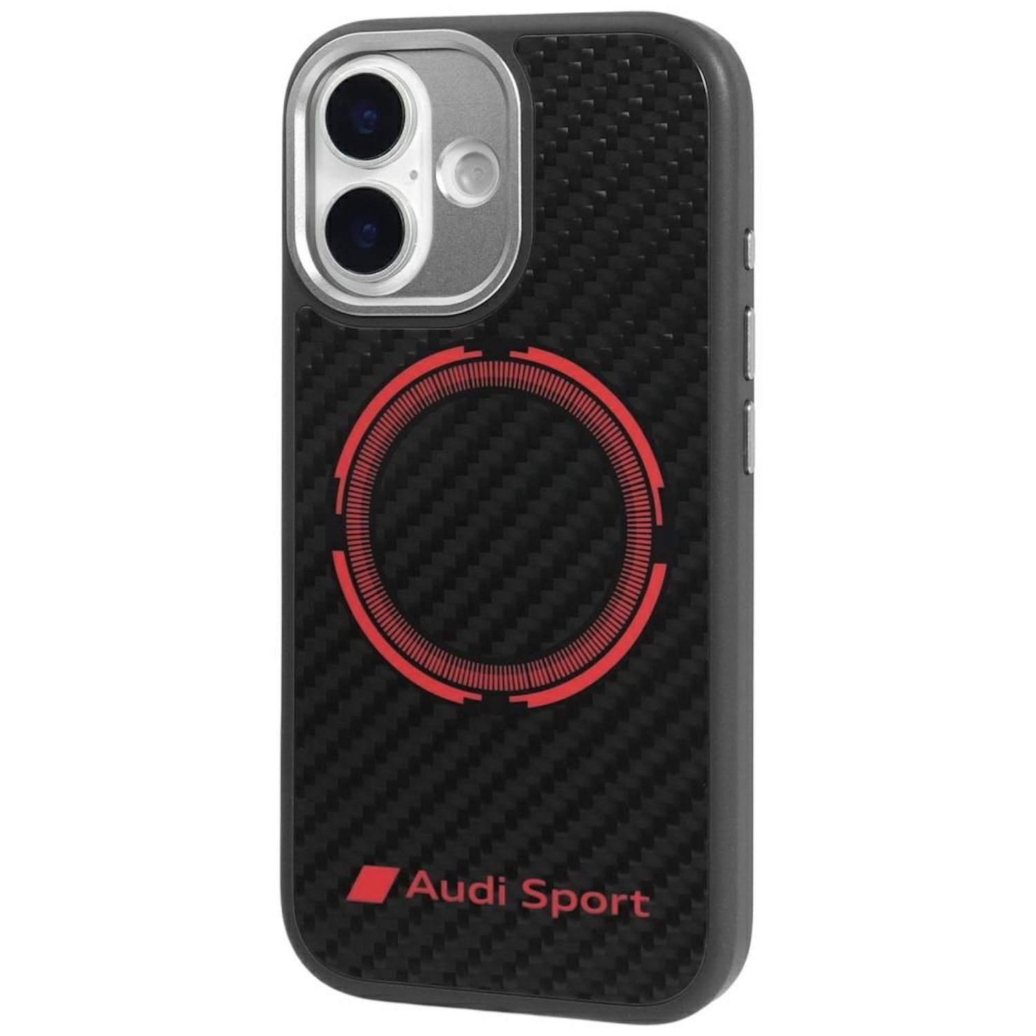 Eine schwarze Handyhülle mit rotem Kreisdesign, Audi Sport Logo und Carbonfasertextur.