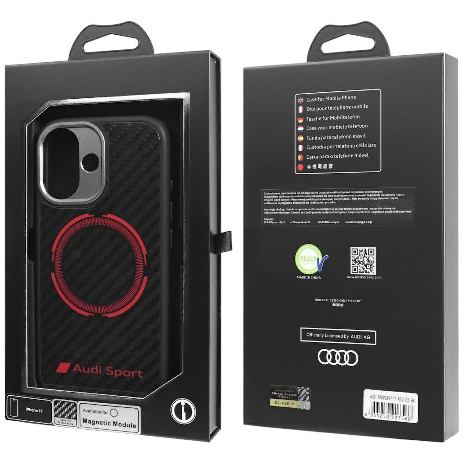 Schwarze Handyhülle mit roten Akzenten in einer Box. Die Hülle hat das Audi Sport Logo.