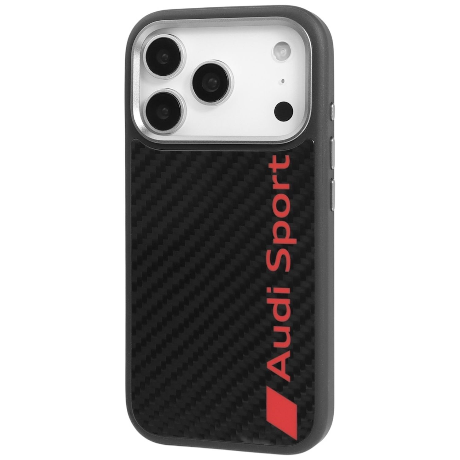 Custodia nera per telefono con texture in fibra di carbonio. Ha il logo Audi Sport in rosso. La fotocamera del telefono è visibile.