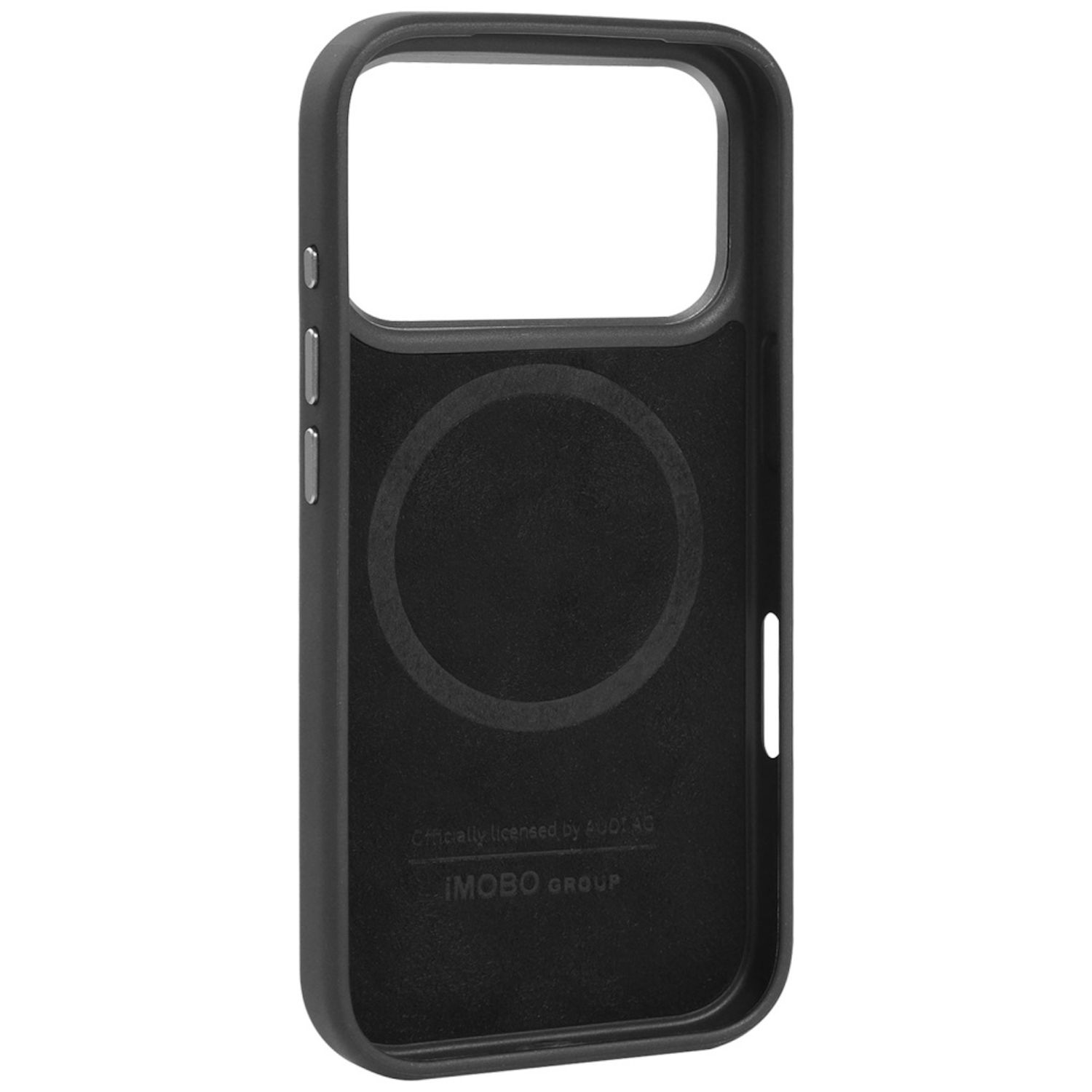 Custodia nera per telefono con ritaglio per fotocamera, pulsanti laterali e cerchio magnetico. Visibile il marchio 'IMOBOGROUP'.