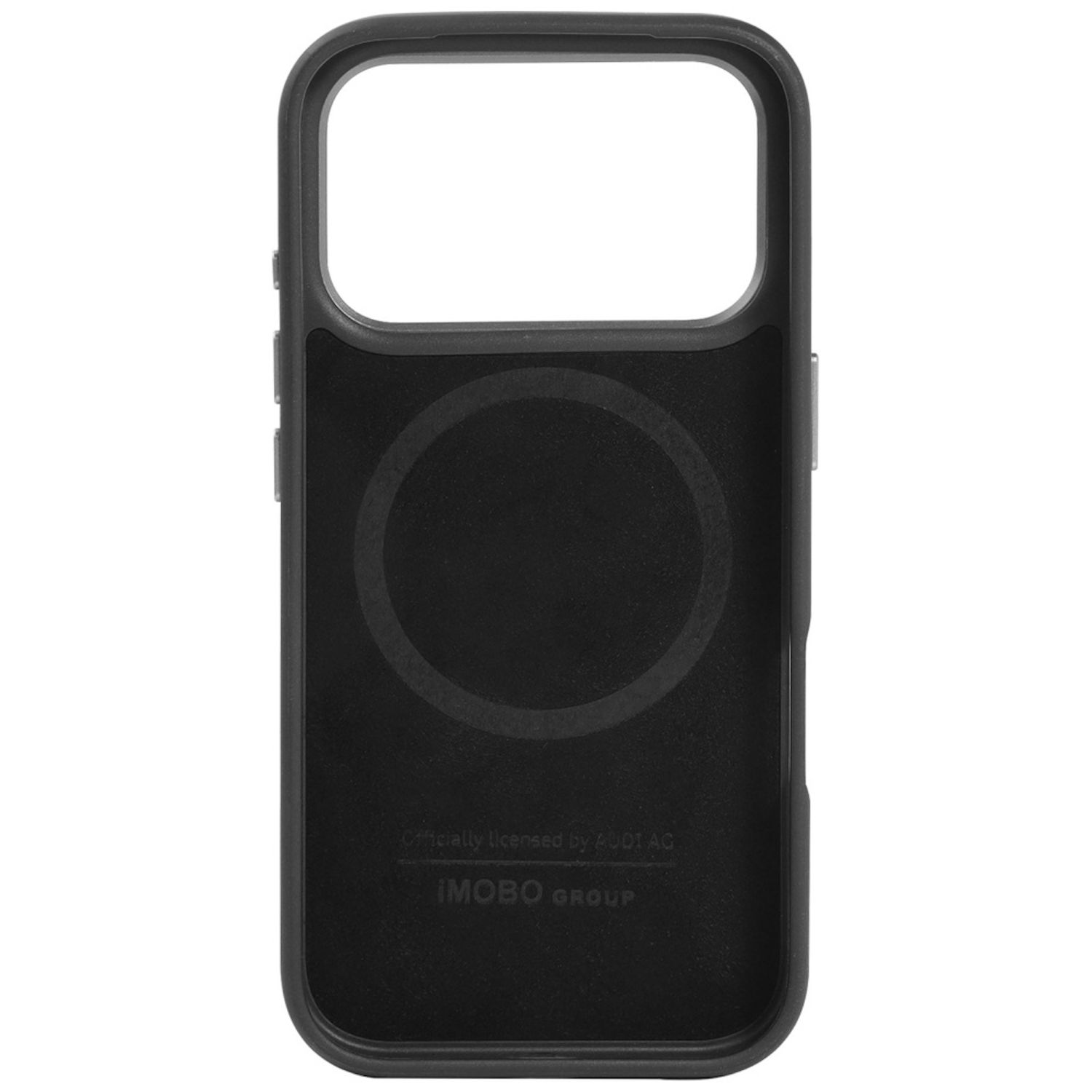 Custodia nera per telefono con ritaglio rettangolare per fotocamera e area di ricarica magnetica circolare. Testo: Con licenza ufficiale di AUDI AG, IMOB GROUP.