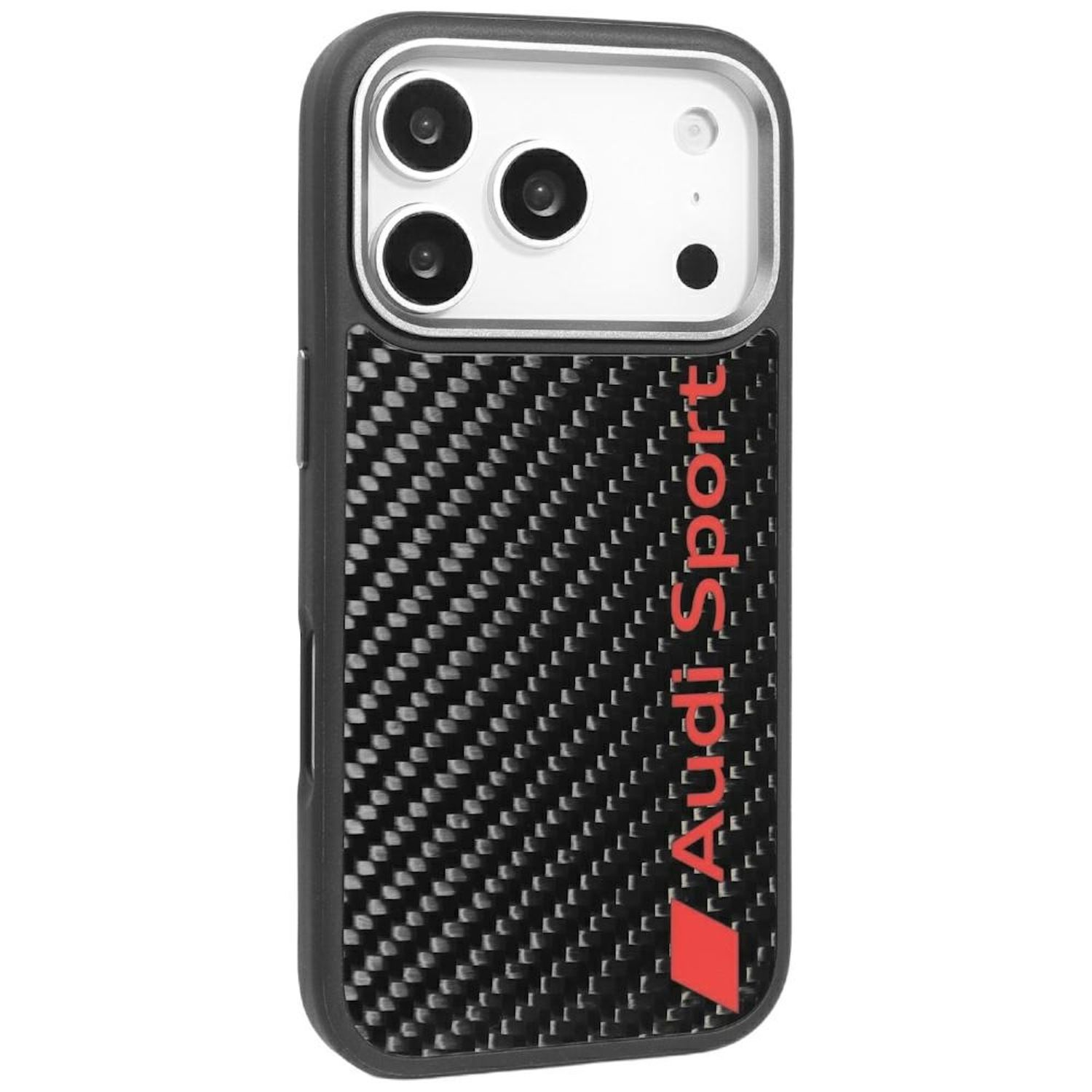 Custodia nera per telefono con motivo in fibra di carbonio, logo Audi Sport. Presenta ritagli per la fotocamera nella parte superiore.
