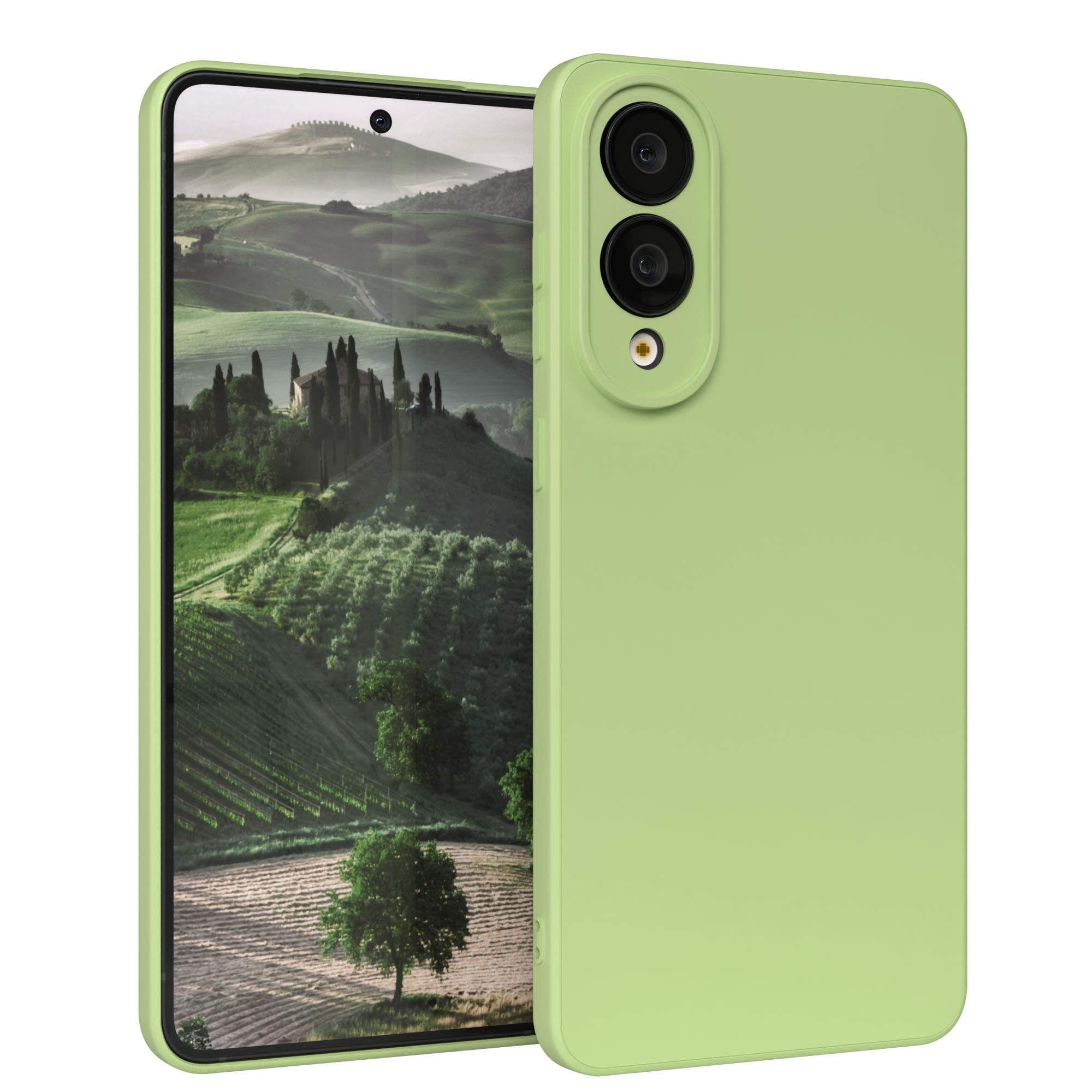 Eine grüne Telefonhülle mit einem Telefon, das eine Landschaftsszene zeigt. Die Hülle hat Kameraausschnitte. Die Szene zeigt Hügel und Bäume.