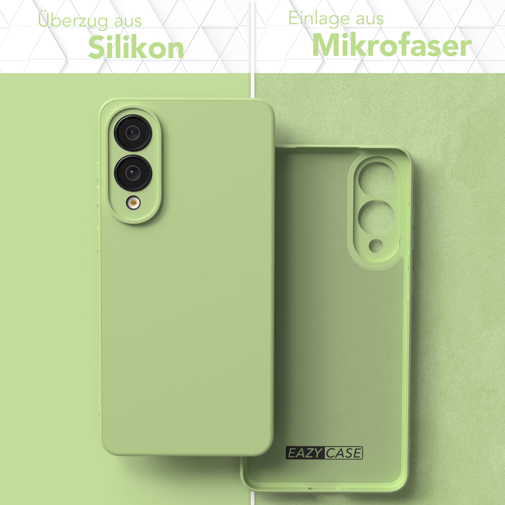 Eine hellgrüne Handyhülle, vorne und hinten, mit dem Markennamen 'EAZY CASE'. Text auf Deutsch: 'Silikon' und 'Mikrofaser'.