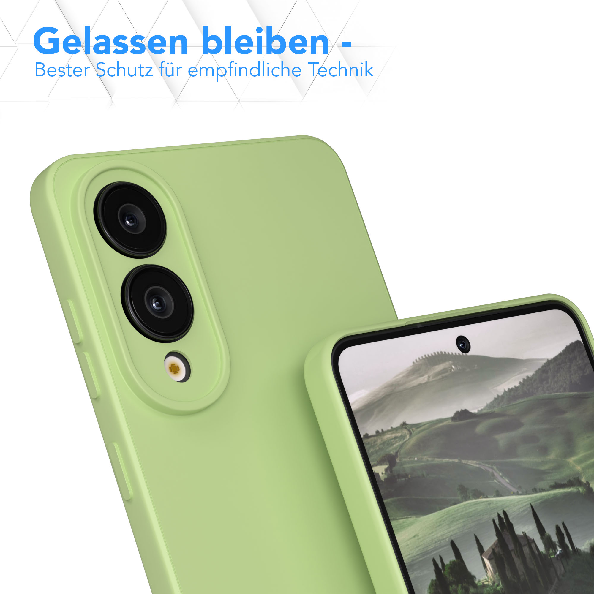 Eine grüne Handyhülle schützt ein Telefon mit Kameralinsen. Der Bildschirm zeigt eine Landschaft.