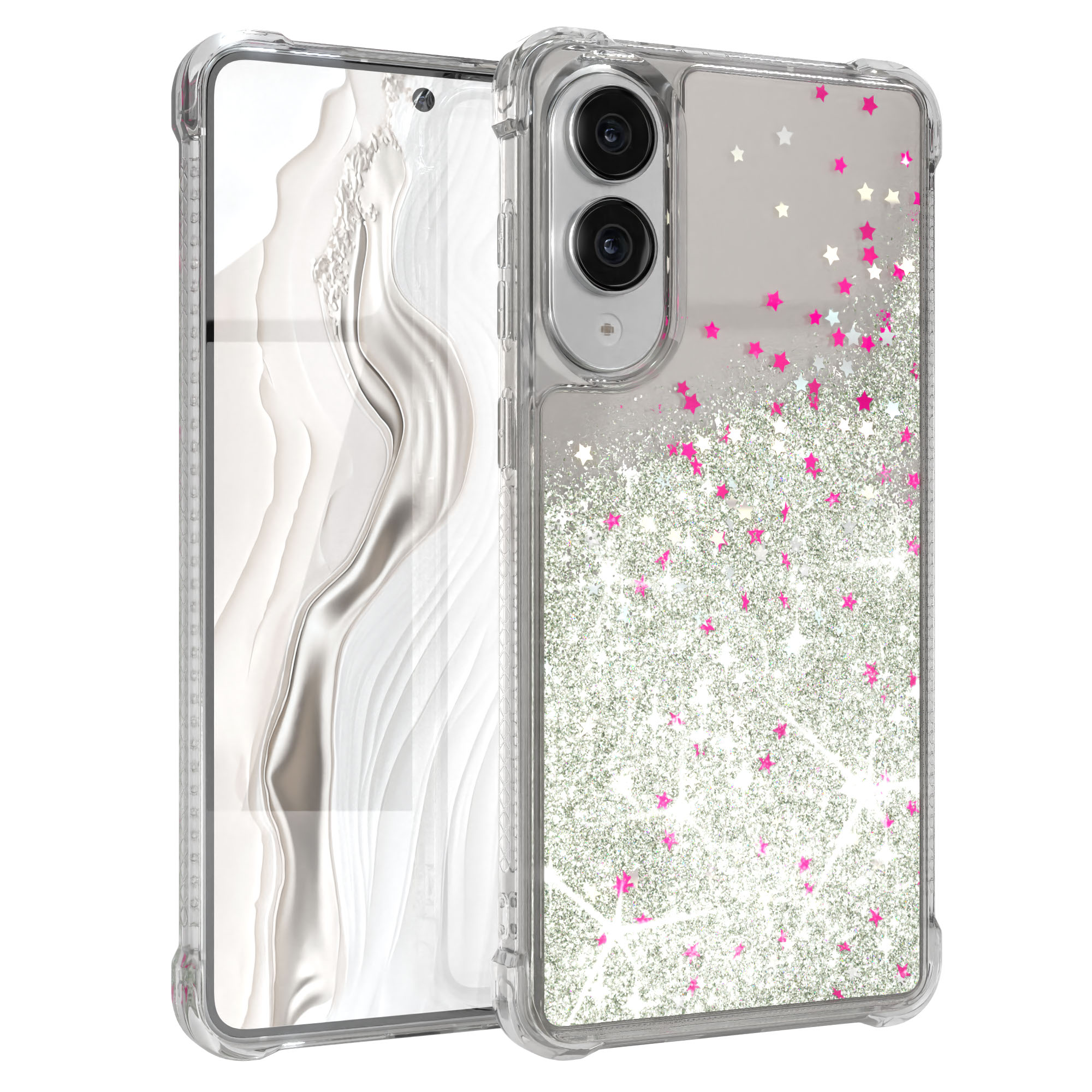 Transparente Handyhülle mit rosa und weißen Sternen, Glitzer. Das Telefon hat ein weißes Wellendesign. Isoliert auf weißem Hintergrund.