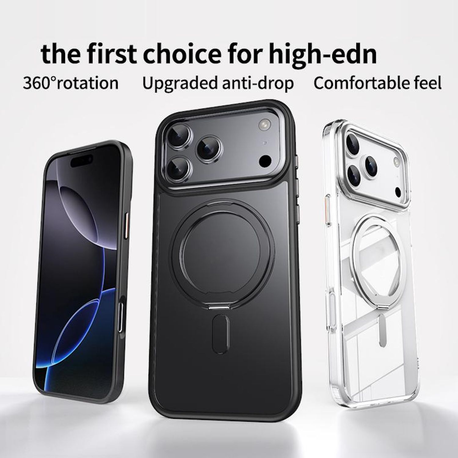 Drei Handyhüllen. Schwarz, transparent und schwarz. Der Text oben lautet 'the first choice for high-edn', mit unten aufgeführten Funktionen.