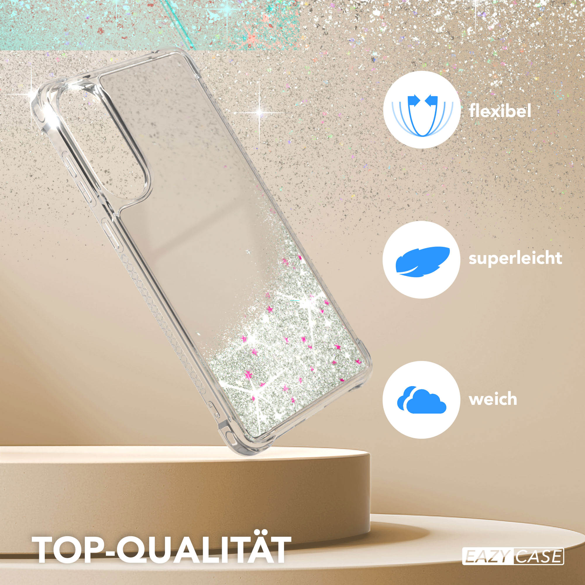 Transparente Handyhülle mit Glitzer, rosa Sternen auf einem Sockel. Icons: flexibel, superleicht, weich. Hintergrund beige und glänzend.