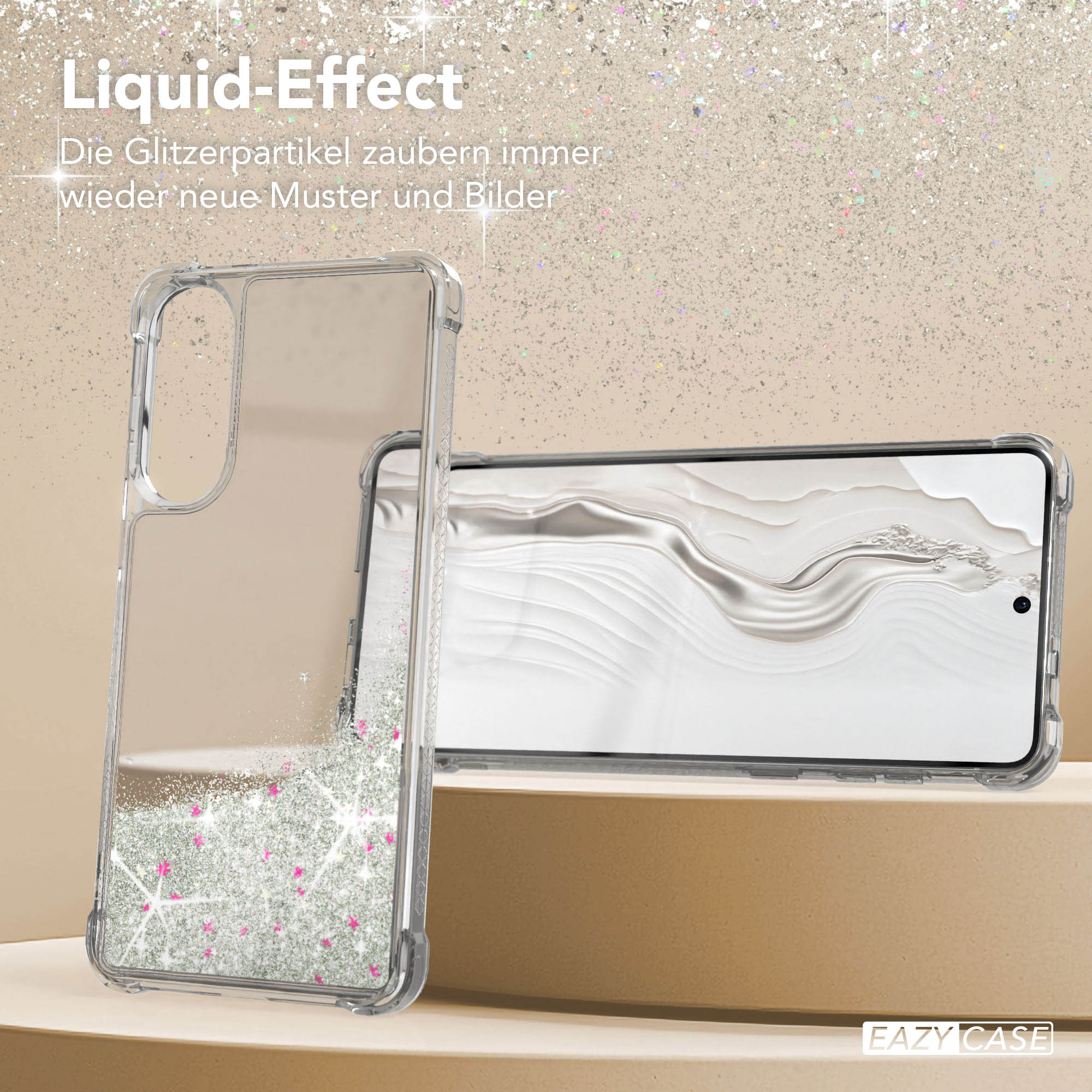 Transparente Handyhülle mit Flüssigkeits-Glitzereffekt, rosa Sterne. Smartphone im Inneren. Beiger Hintergrund mit Glitzerpartikeln.