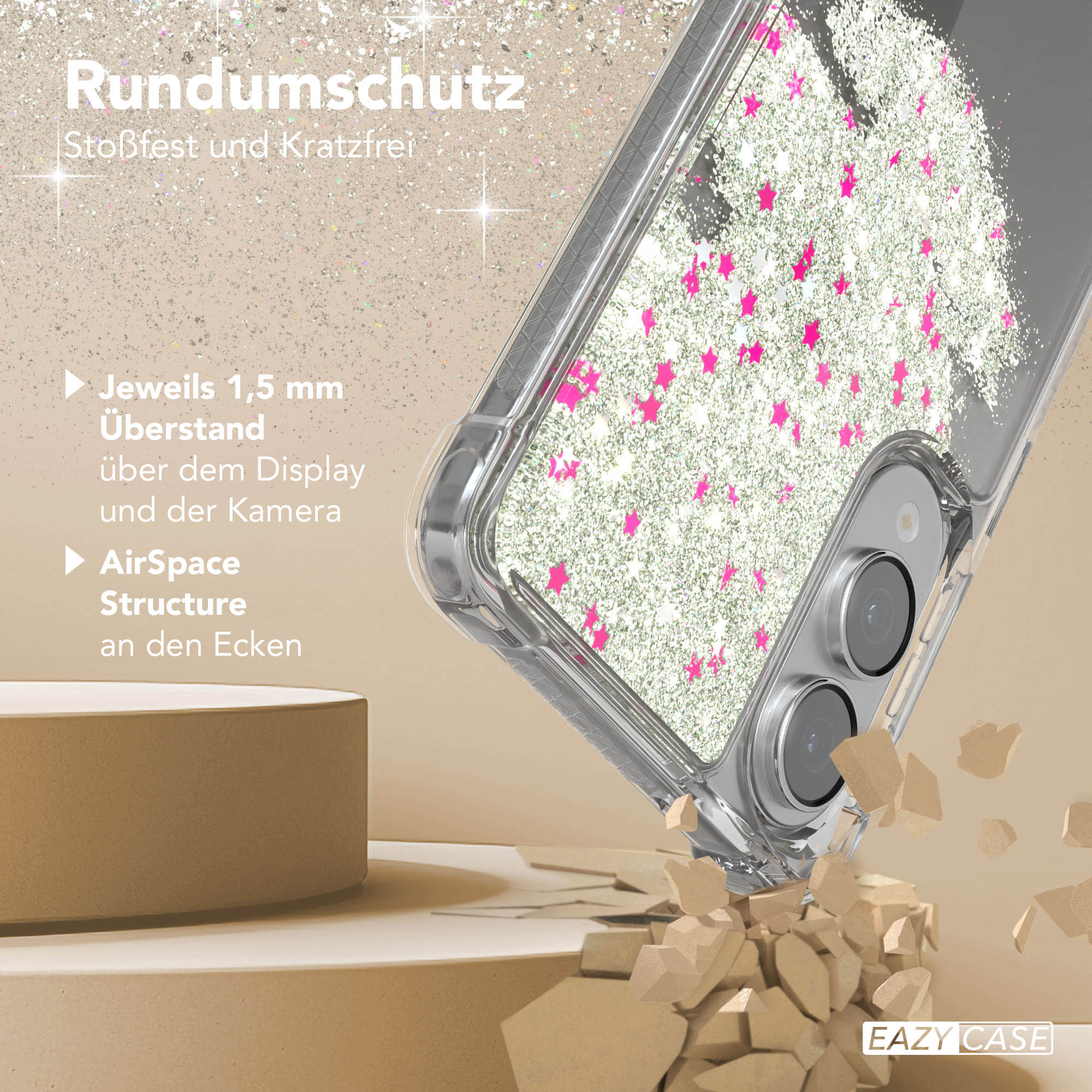 Gezeigt wird eine Handyhülle mit rosa Sternen. Die Hülle ist transparent und befindet sich auf einem Telefon. Die Hülle wird fallen gelassen.