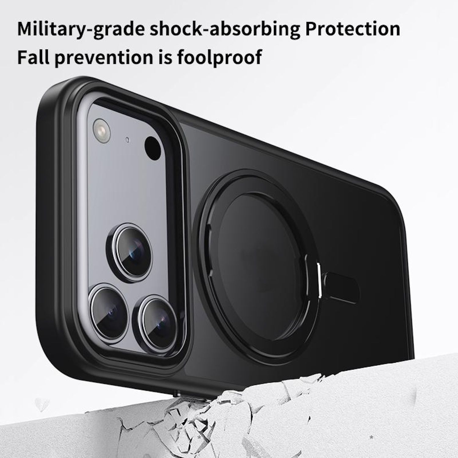 Schwarze Handyhülle mit Kameralinsen auf einer zerbrochenen Oberfläche. Text: 'Militärischer Stoßschutz'.