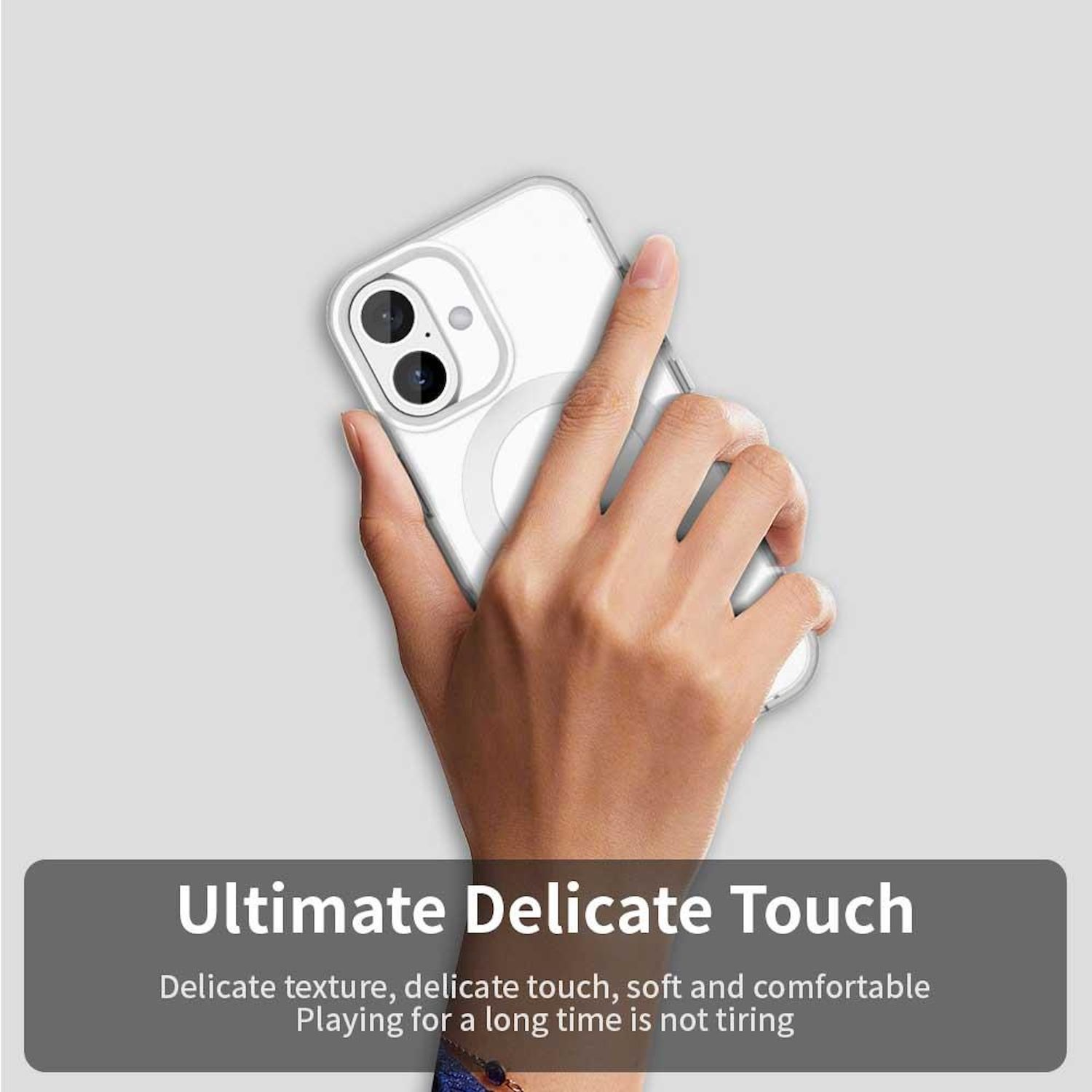 Eine Hand hält eine durchsichtige Handyhülle über einem weißen Telefon. Text: 'Ultimate Delicate Touch'.