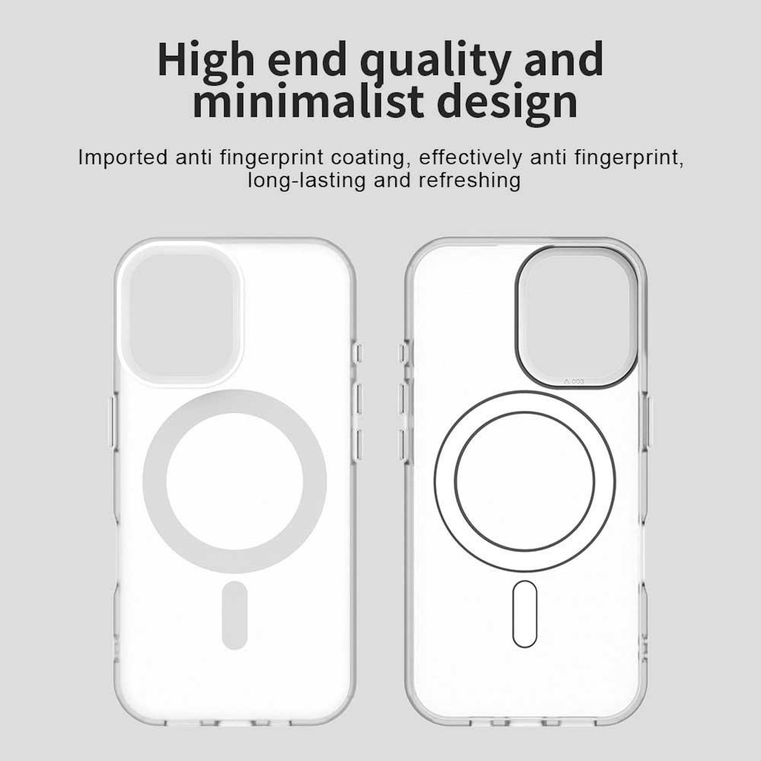 Zwei transparente Telefonhüllen mit minimalistischem Design. Der Text hebt Qualität und Anti-Fingerabdruck-Eigenschaften hervor.