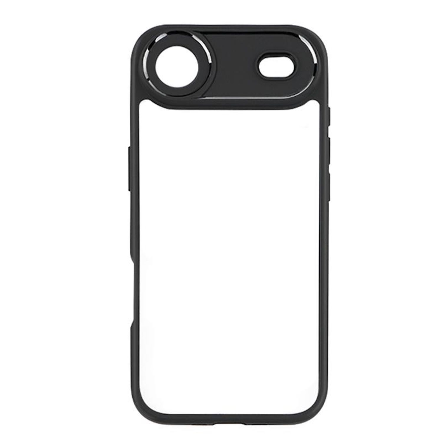 Schwarze Handyhülle mit Kamera- und Knopfaussparungen. Klares Zentrum für das Telefon. Schlichtes und modernes Design.
