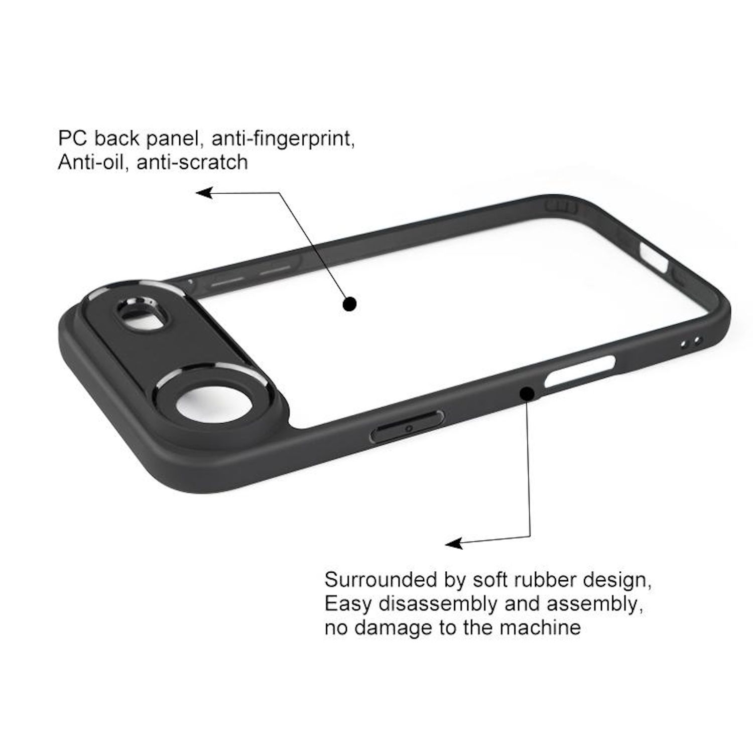 Ein schwarzes Handycase mit durchsichtigem Zentrum auf weißem Hintergrund. Text zeigt, dass es anti-Fingerabdruck, Öl und kratzfest ist.