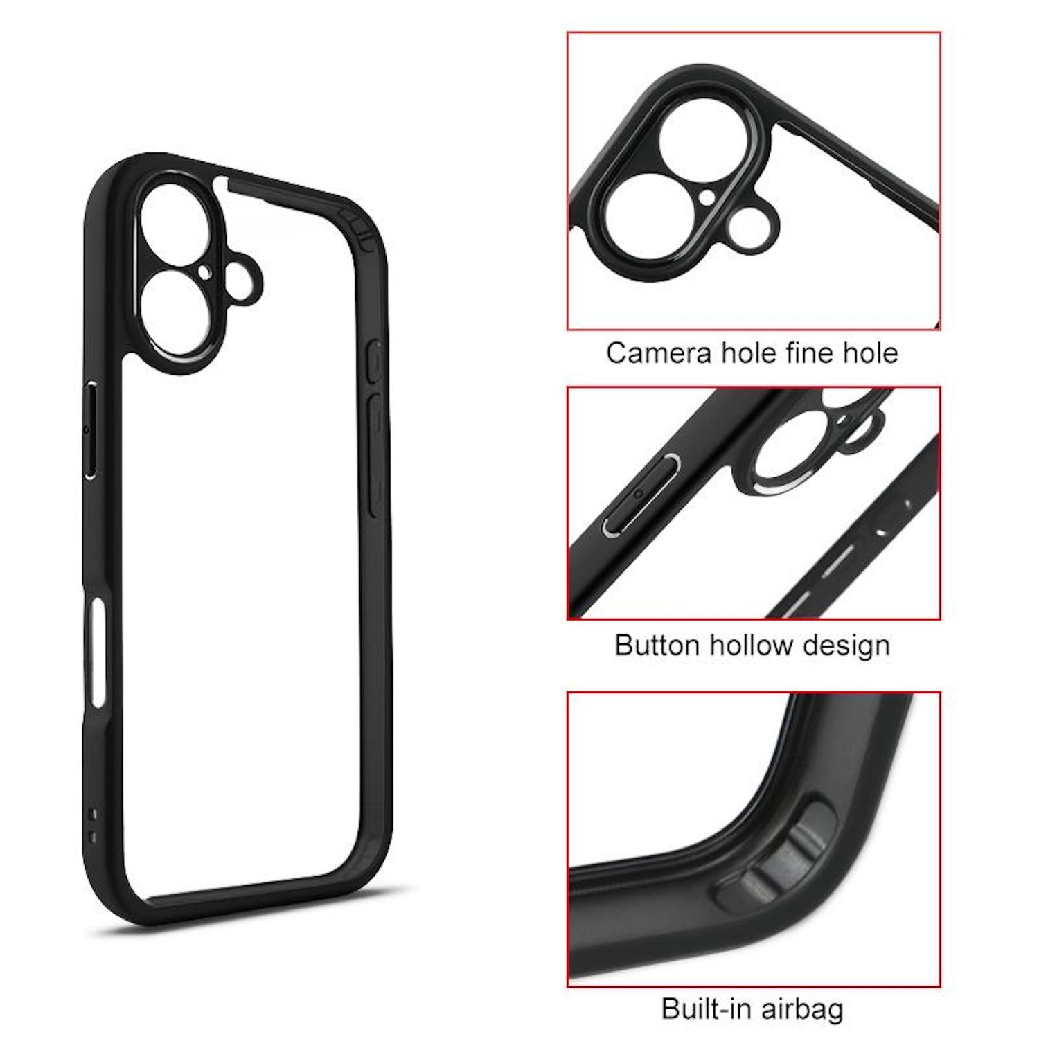 Eine schwarze Handyhülle mit Kamera- und Knopfelementen, beschriftet mit 'Camera hole fine hole', 'Button hollow design', 'Built-in airbag'.