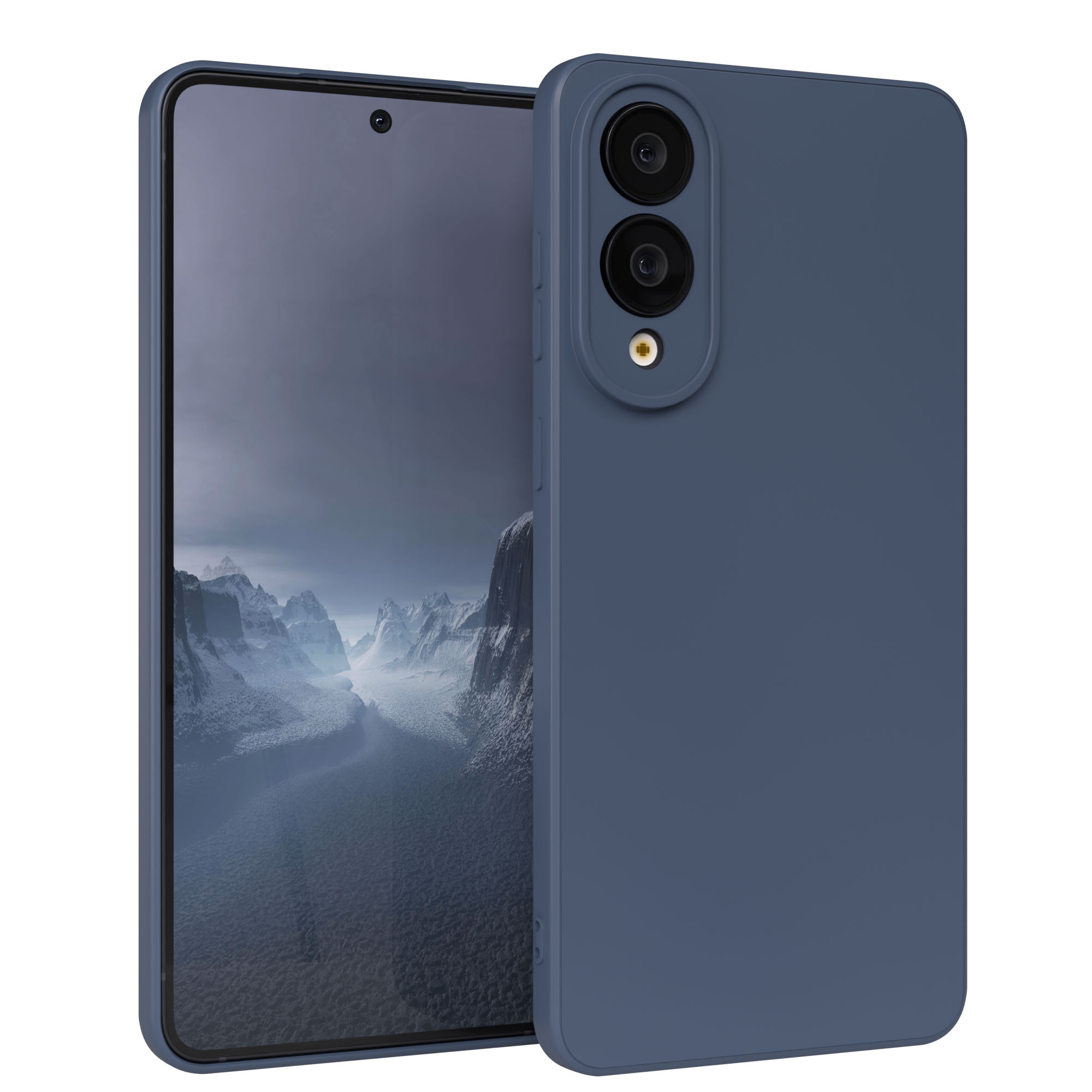 Ein blaues Smartphone mit Hülle, das den Bildschirm mit einer Berglandschaft zeigt.