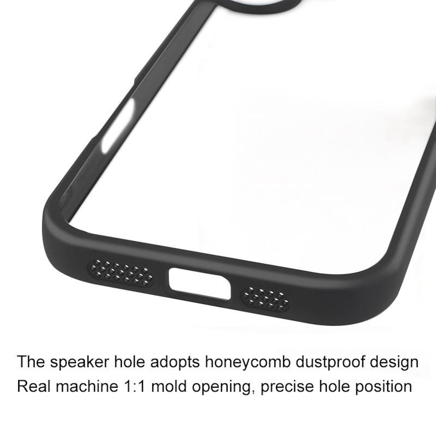 Eine schwarze Telefonhülle mit einem Lautsprecherloch mit wabenförmigem, staubdichtem Design. Die Hülle befindet sich vor einem weißen Hintergrund.