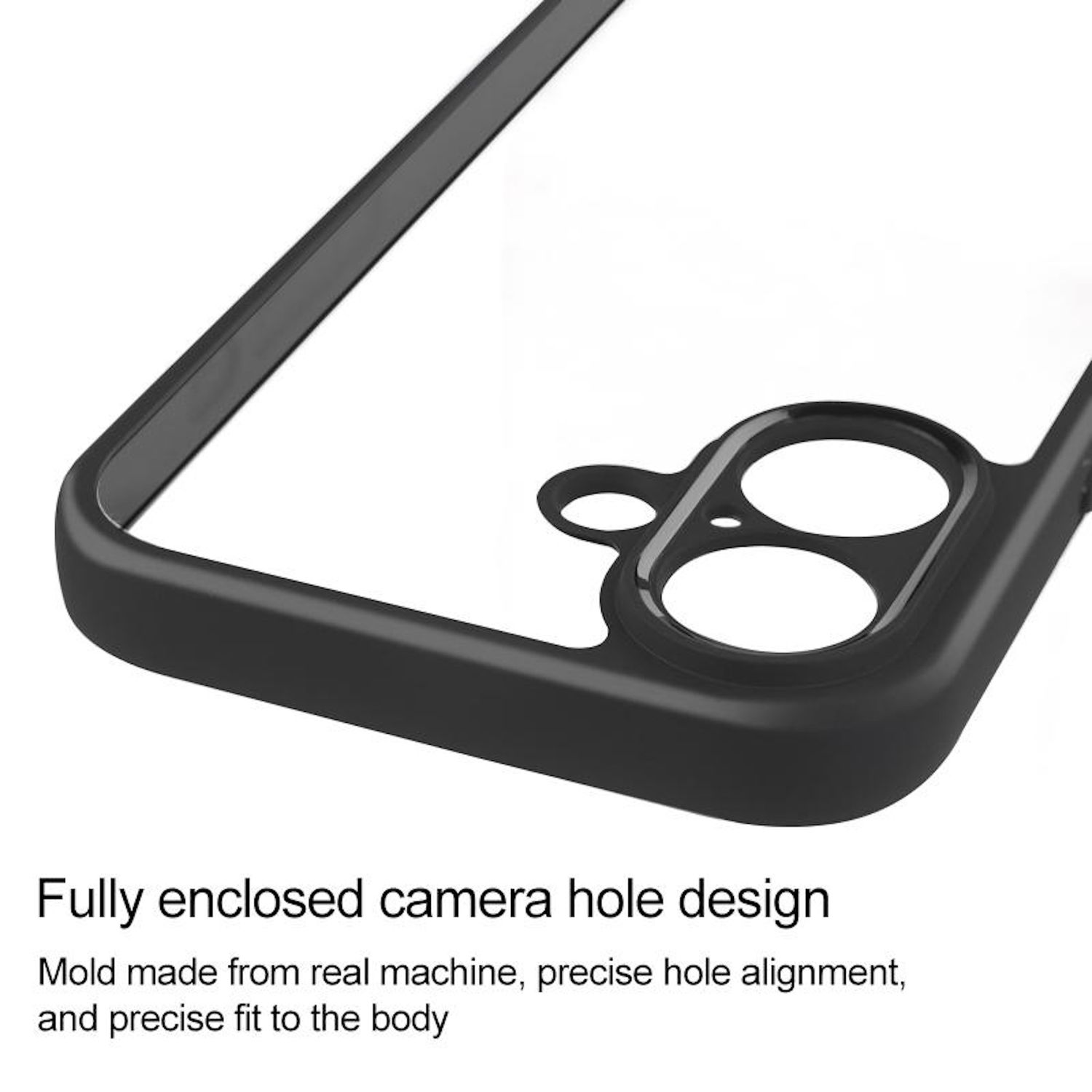 Schwarze Handyhülle mit Kamera-Loch-Design. Die Hülle befindet sich auf weißem Hintergrund, um ihr Design zu zeigen.