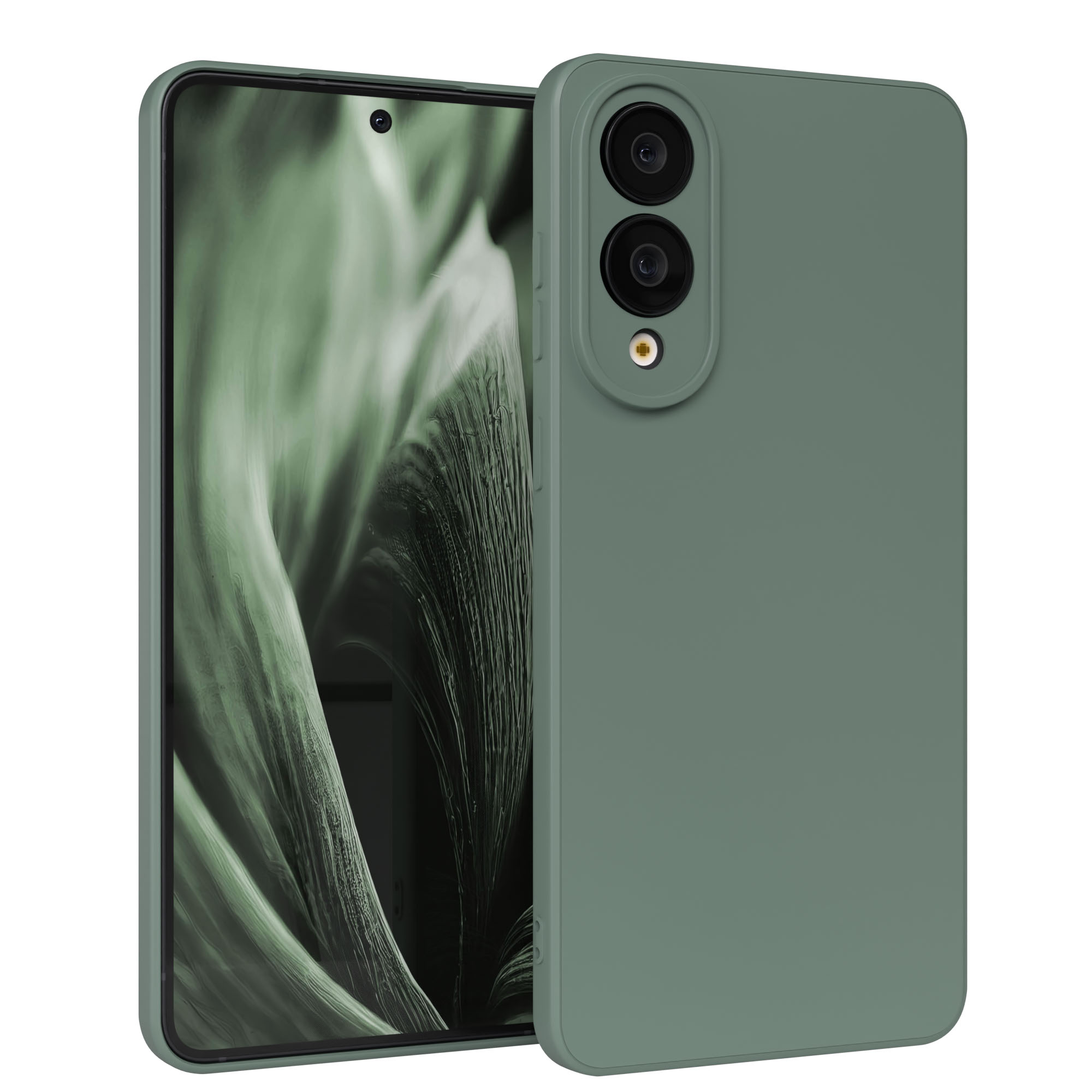 Eine grüne Smartphone-Hülle mit dem Telefon darin. Das Telefon zeigt ein grünes abstraktes Bild. Die Hülle hat Kameralinsen.