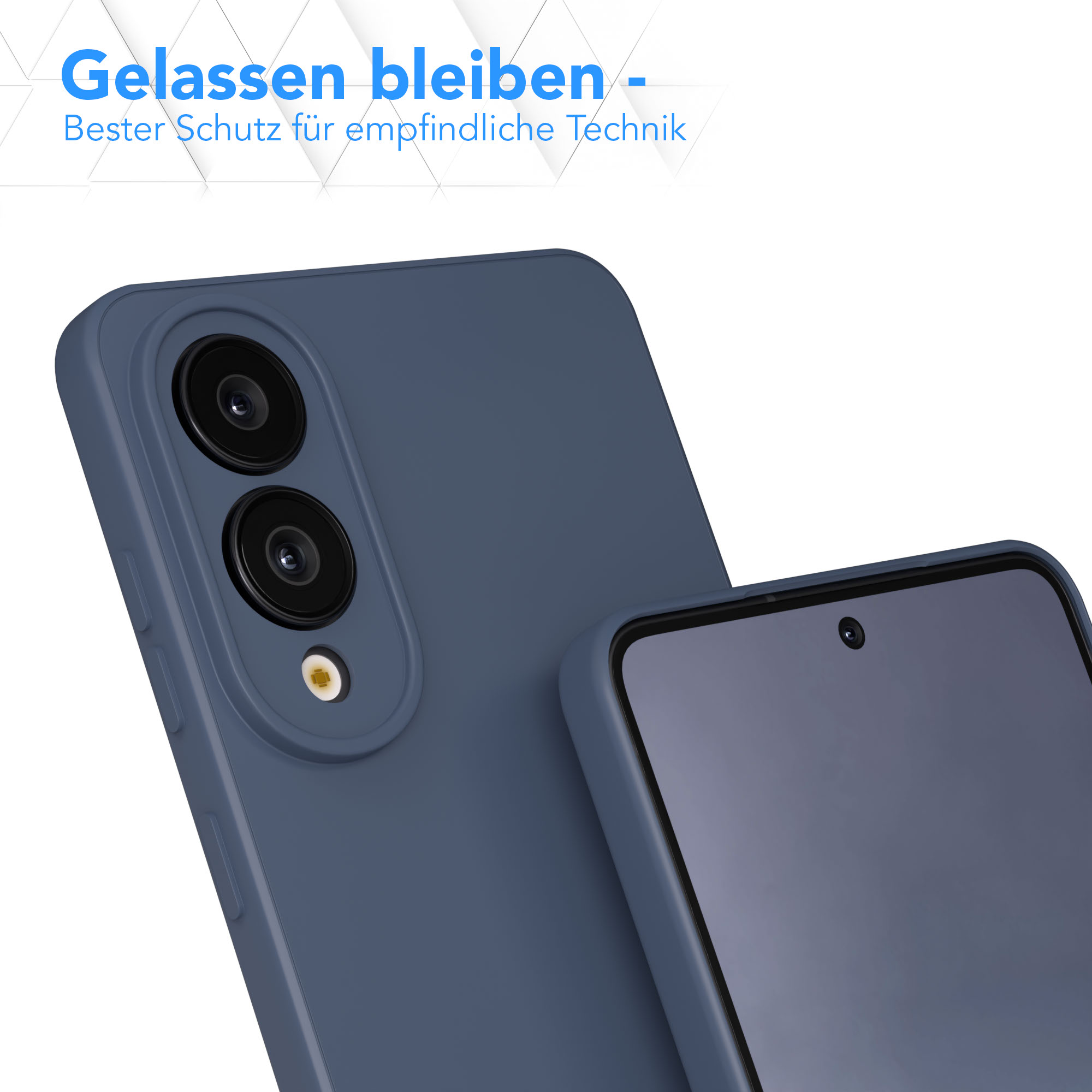 Blaue Handyhülle mit zwei Kameralinsen und einem Telefonbildschirm. Text: 'Gelassen bleiben - Bester Schutz für empfindliche Technik'.