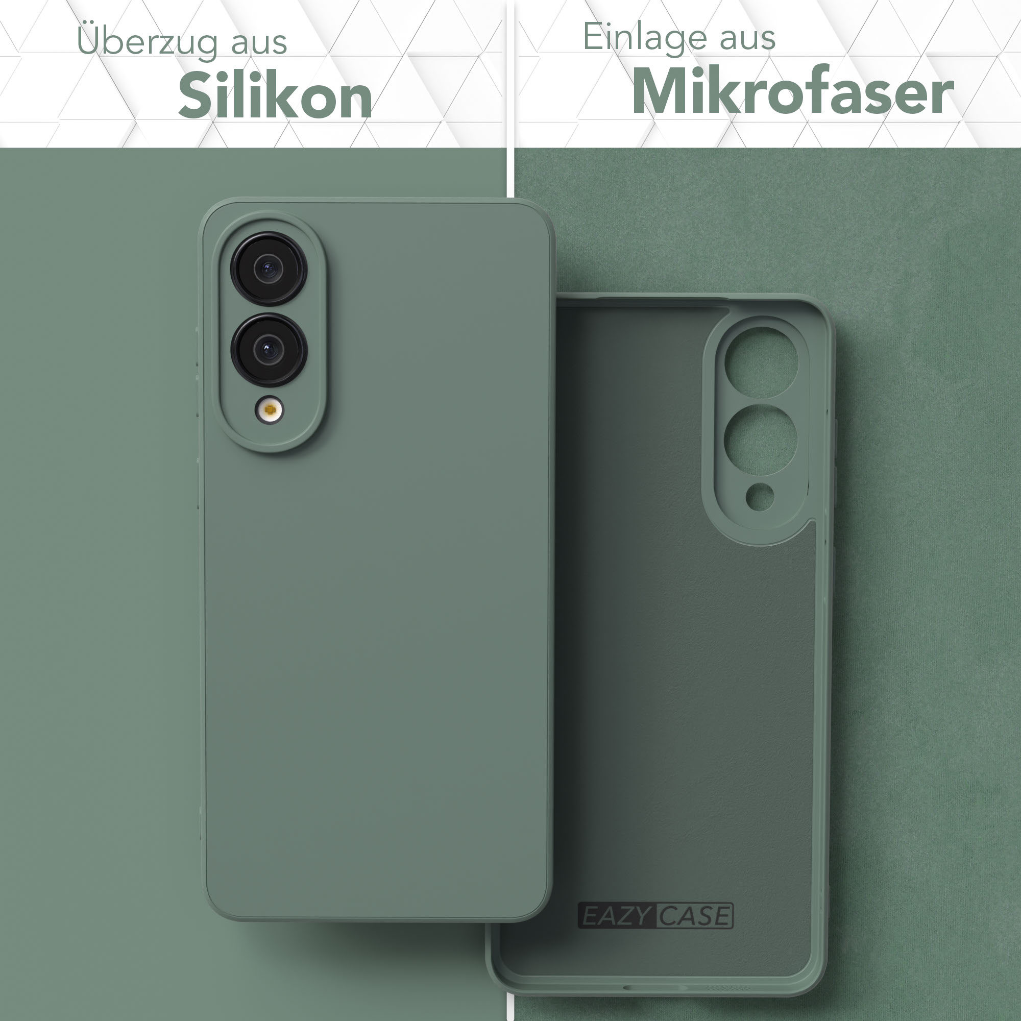 Zwei Handyhüllen: eine grüne Silikon- und eine grüne Mikrofaser. Text lautet 'Silikon' und 'Mikrofaser'.