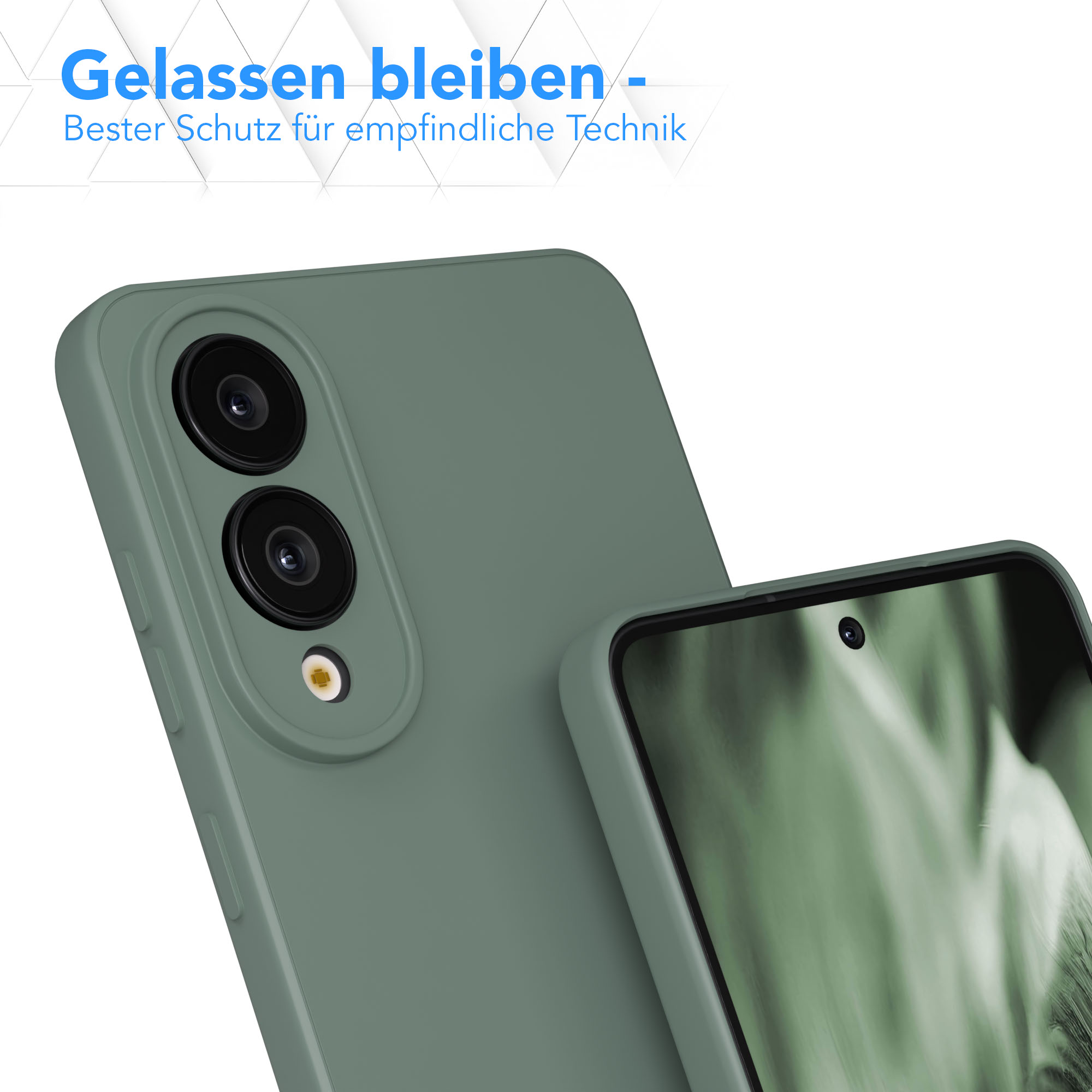 Nahaufnahme einer grünen Handyhülle mit zwei Kameralinsen. Oben steht 'Gelassen bleiben'.