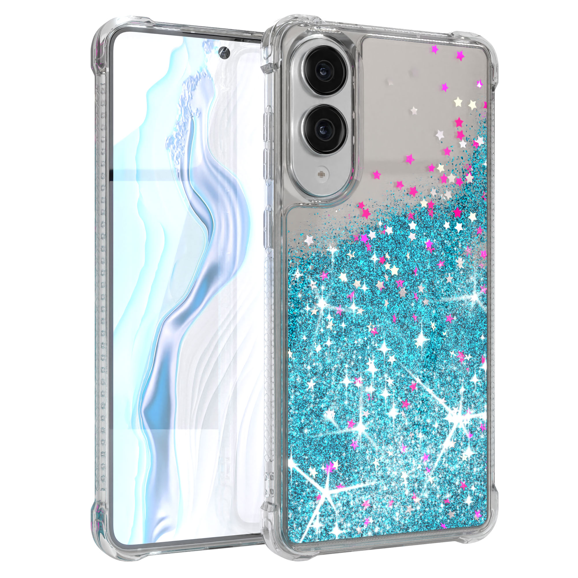 Transparente Handyhülle mit Glitzer und Sternen, die ein Telefon hält. Glitzer ist blau und pink, Sterne sind pink und weiß.