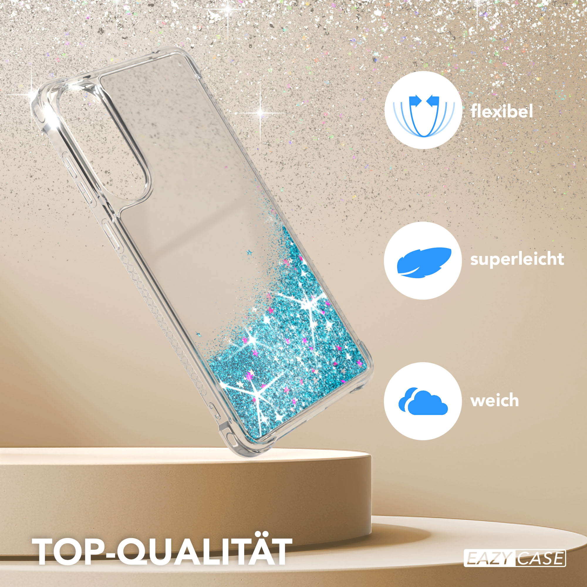 Transparente Handyhülle mit blauem Glitzer auf einem Ständer. Text: flexibel, superleicht, weich. Hintergrund glitzert.