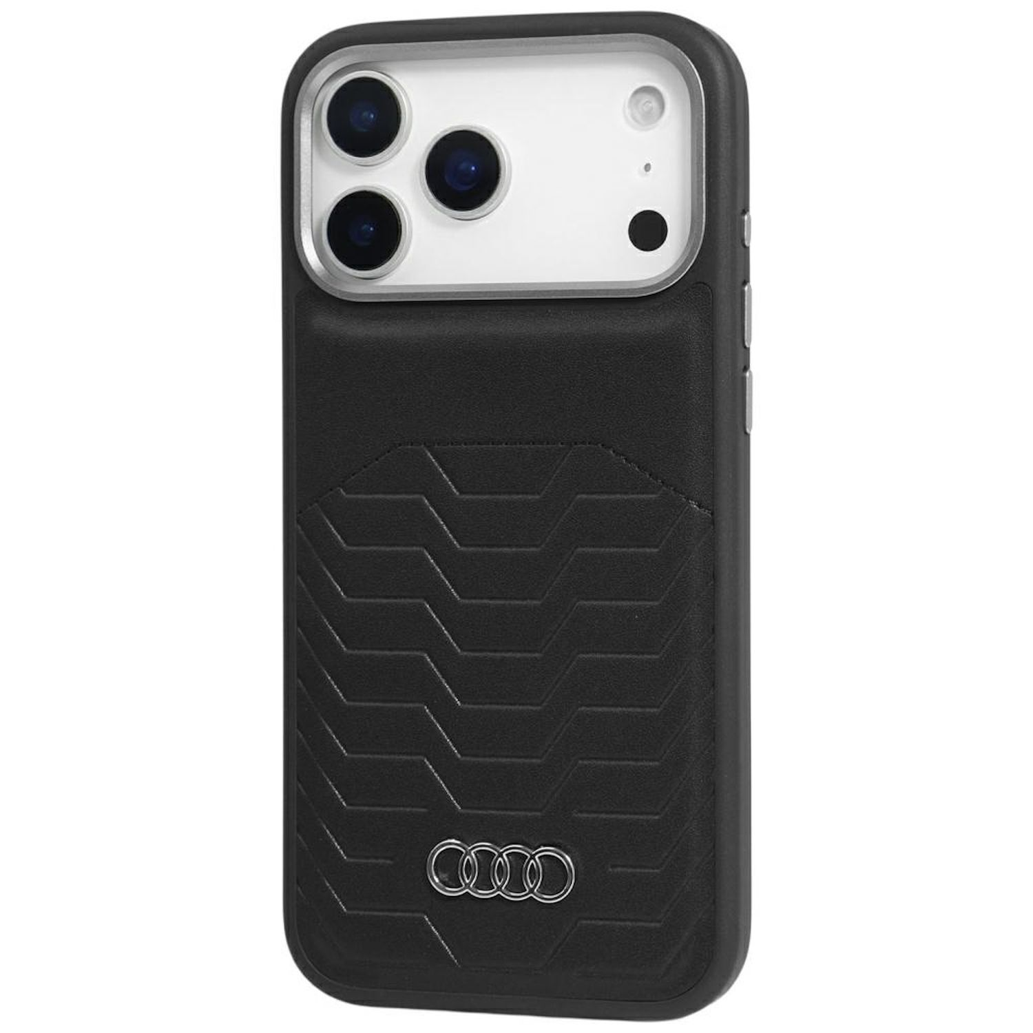 Custodia nera per telefono con logo Audi, lenti della fotocamera in alto e motivo strutturato.