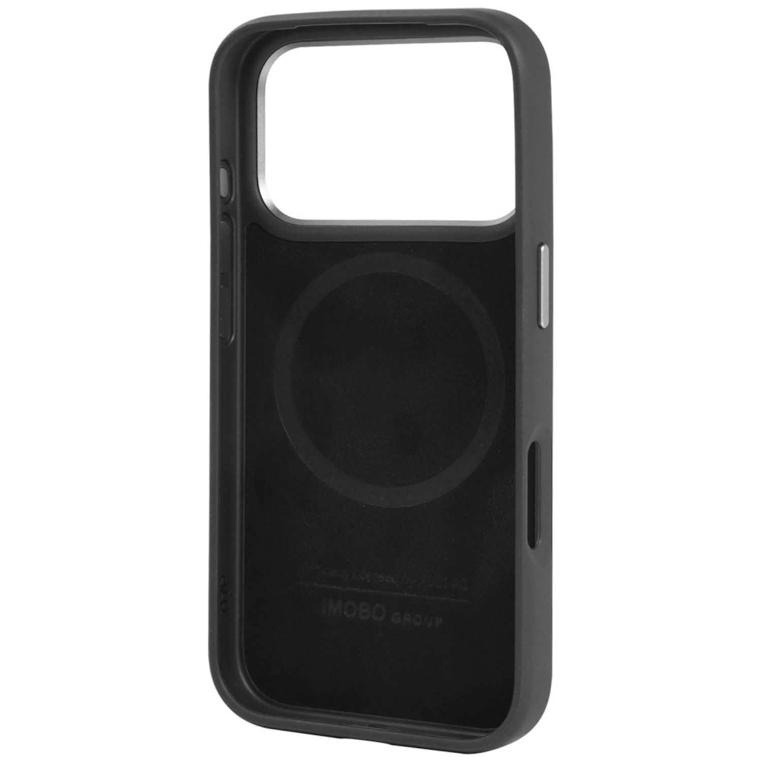 Una custodia nera per iPhone con un ritaglio per la fotocamera. Ha un marchio circolare e le parole 'IMOB GROUP'. La custodia è nera.
